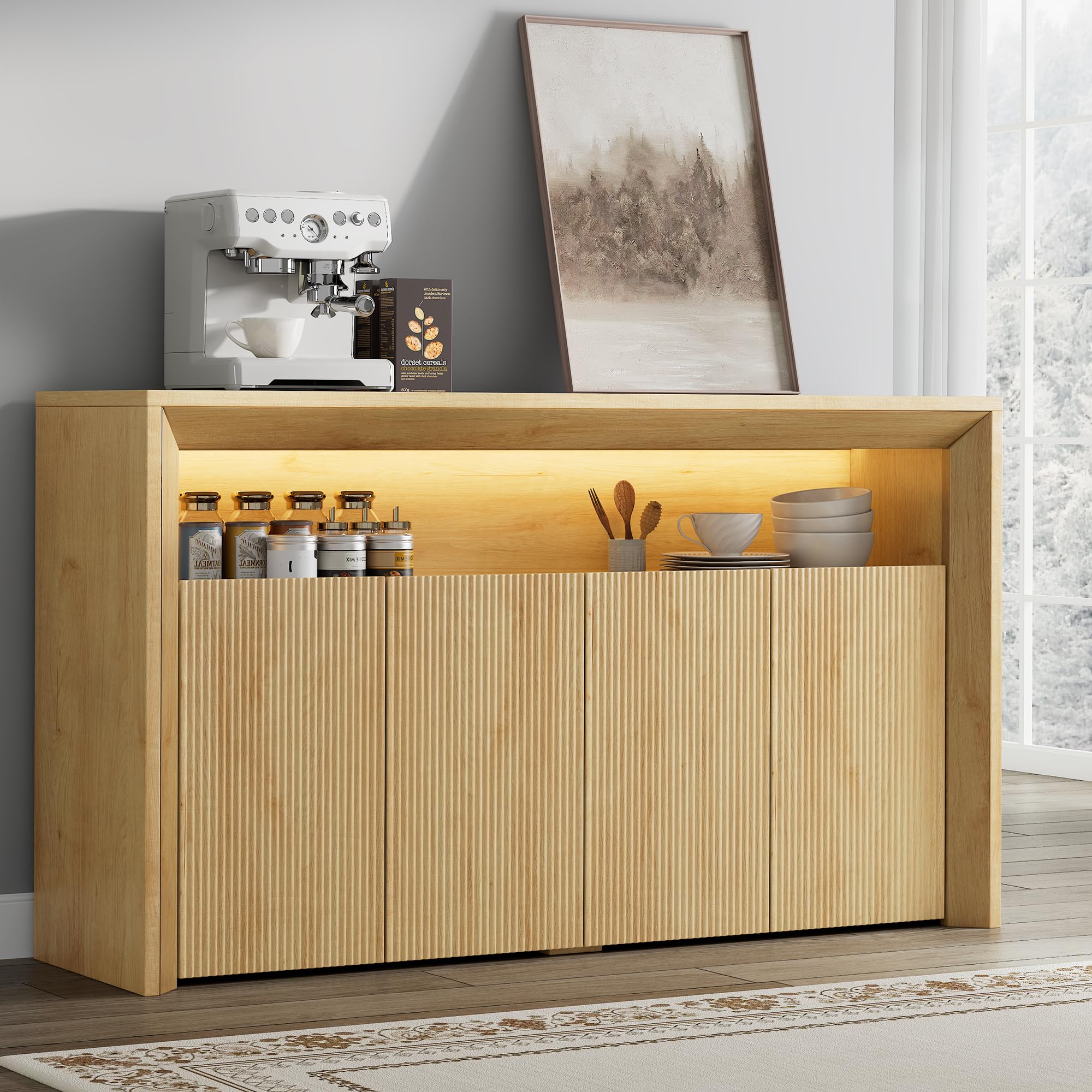 66.2" Buffet Cabinet with Storage and led Lights,Modern Sideboard Cabinet with 4 Doors & Shelves,Fluted Media Console Mid Century Coffee Bar Table for Living Room Kitchen Dining Room,Oak