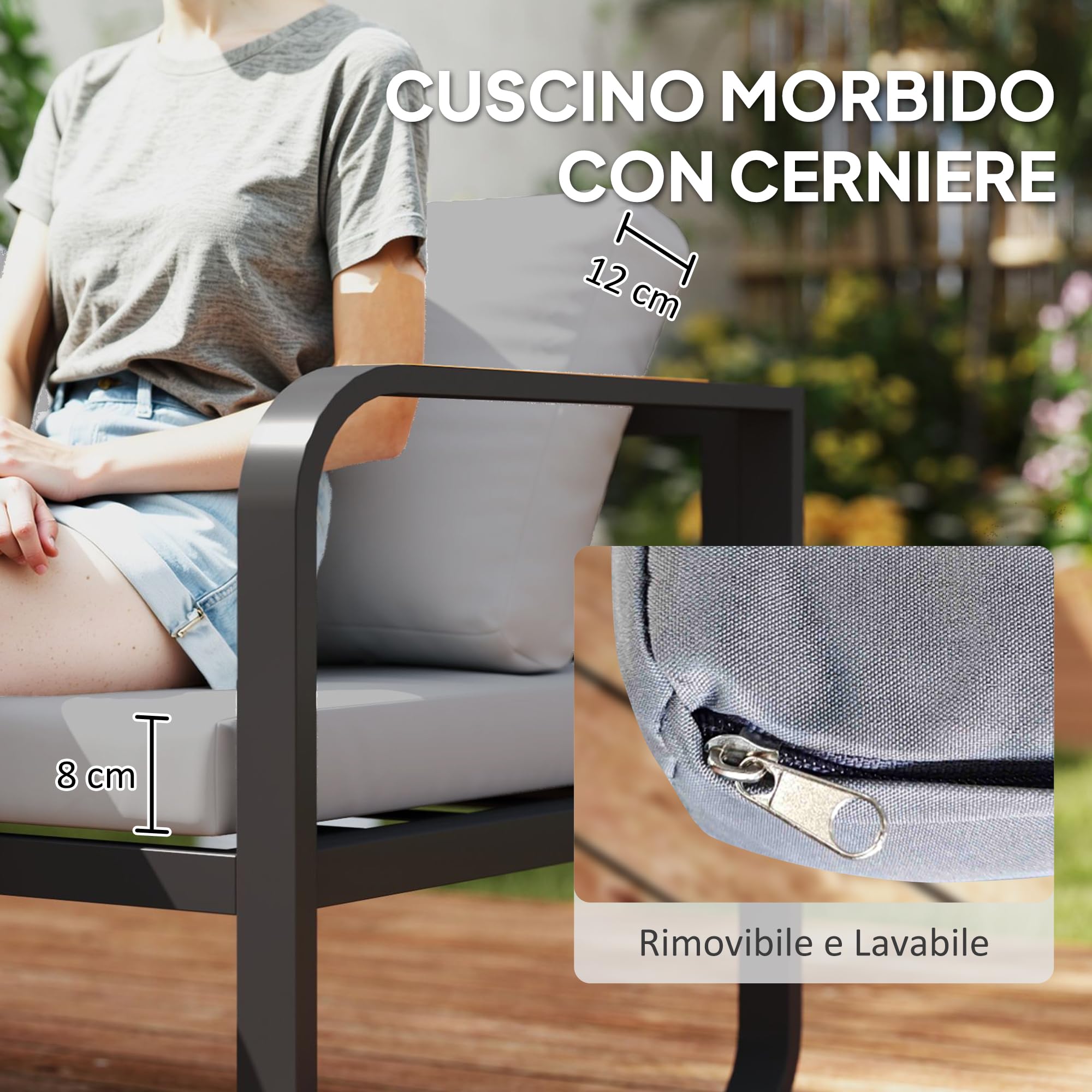 Outsunny Set Salotto da Giardino da 3 Pezzi, con Divanetto da Esterno a 3 Posti Regolabile in 5 Posizioni, Divano 2 Posti, Tavolo da Caffè in Vetro e Cuscini, Set di Mobili in Metallo, Grigio/Nero