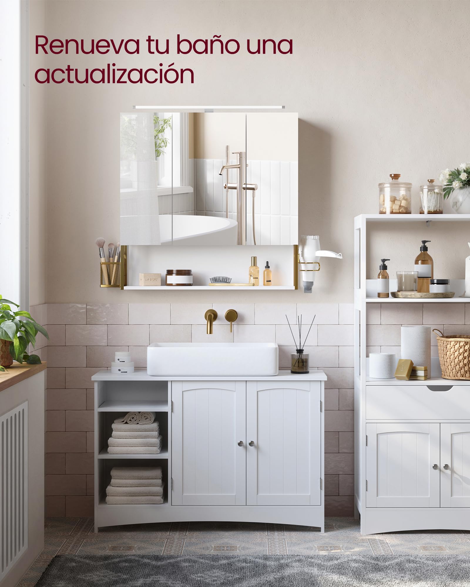 VASAGLE Armario de Baño con Espejo y Luz LED, Mueble de Pared, 3 Puertas
