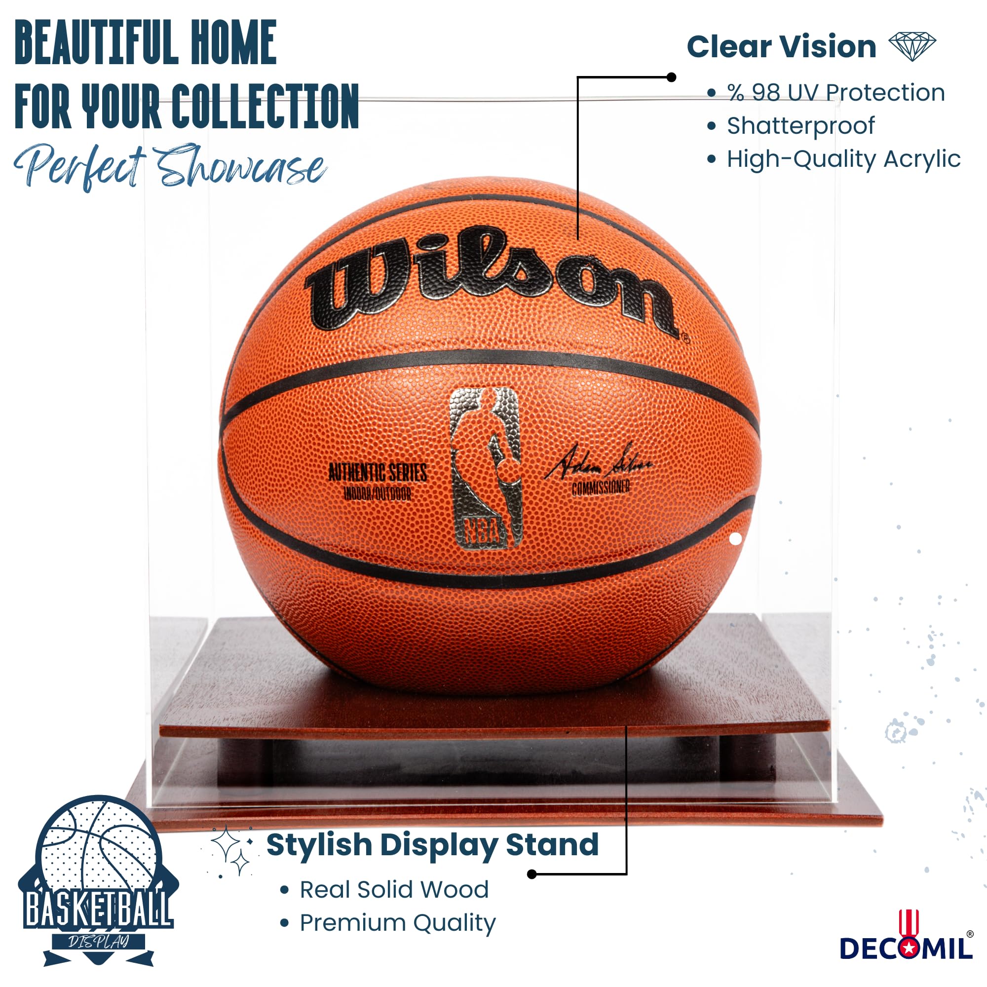 DECOMIL UV Protected Acrylic Basketball Display Case - Soccer Ball | Volleyball Holder Case - Sports Memorabilia Display Case, Solid Wood