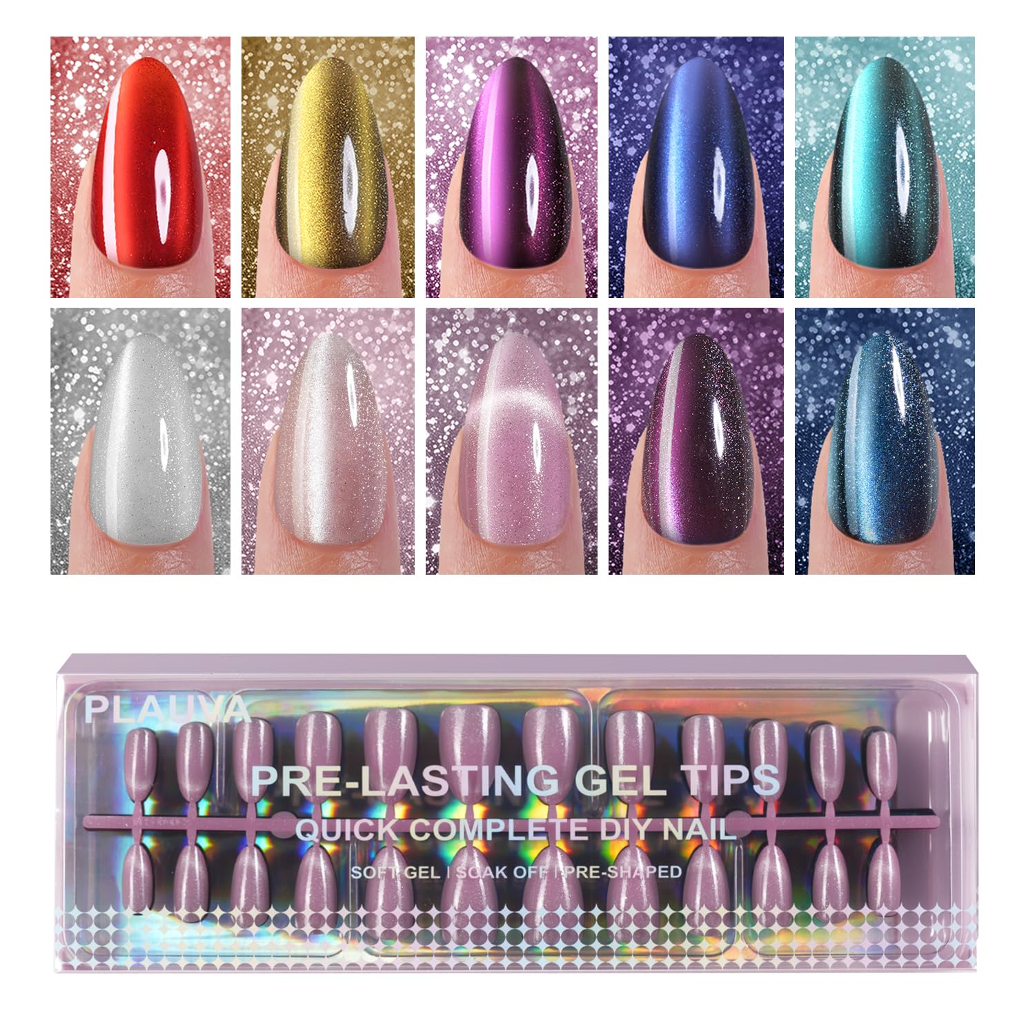 240Pcs Cat Eye Press on Nails Medium Almond, Plauva Soft Gel Fake Nails, Glossy Glitter Cat Eye Nail Tips for Women and Girls Stick On Nails in 12