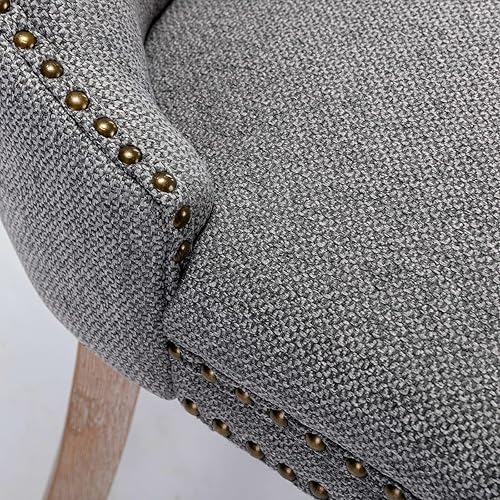 Miniatura 5 de Juego de 2 sillas de comedor, sillas decorativas de tela de lino con patas de madera maciza, ribete de cabeza de clavo de cobre, tirador de anillo