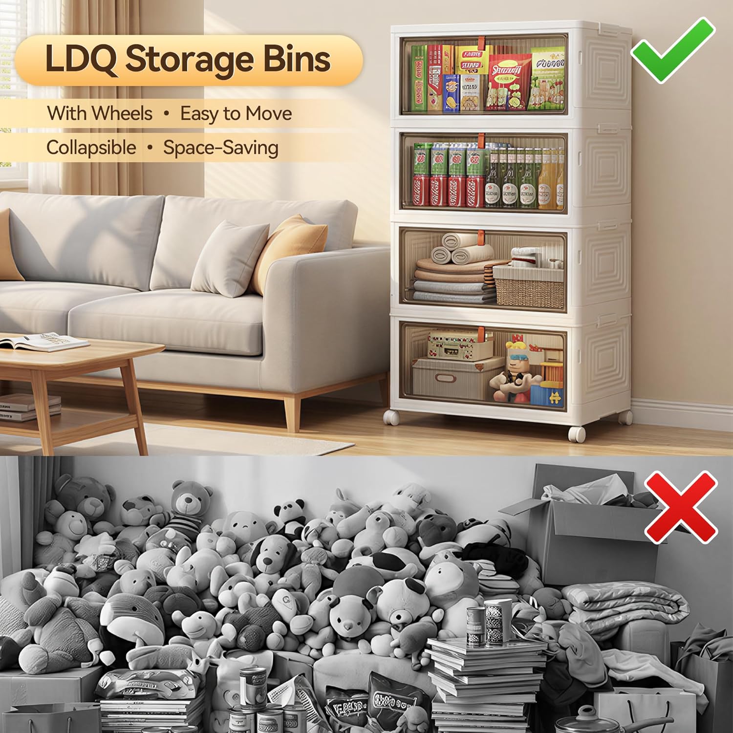 LDQ 4 Tier 136QT Foldable Storage Bins with Lids, Stackable Plastic Organizer Cabinet with Wheels, Multi-Purpose Containers for Living Room, Bathroom, Office & Dorm