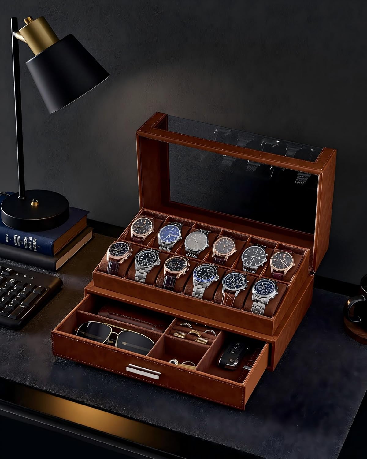 ProCase Watch Box for Men, 12 Slots Watch Display Holder with Clear Acrylic Top, Large Capacity PU Leather Case with Drawer Organizer, Jewelry Storage, Ideal Gift for Men Women -Brown