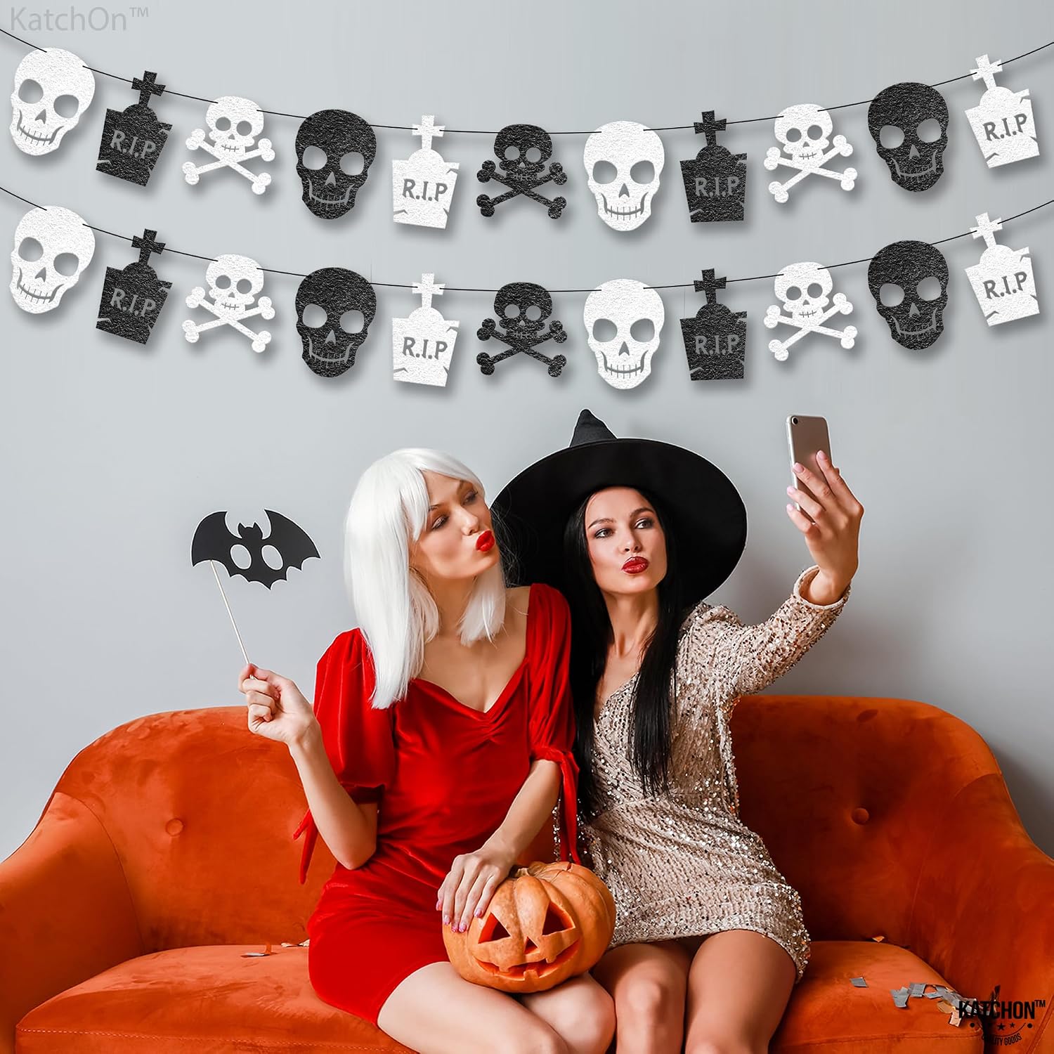 KatchOn, Black and White Skull Garland - 13 Feet, No DIY | halloween Garland for Skull Decorations | Halloween Decorations Indoor | Gothic Decor | Death to My 20s Birthday Party Decorations