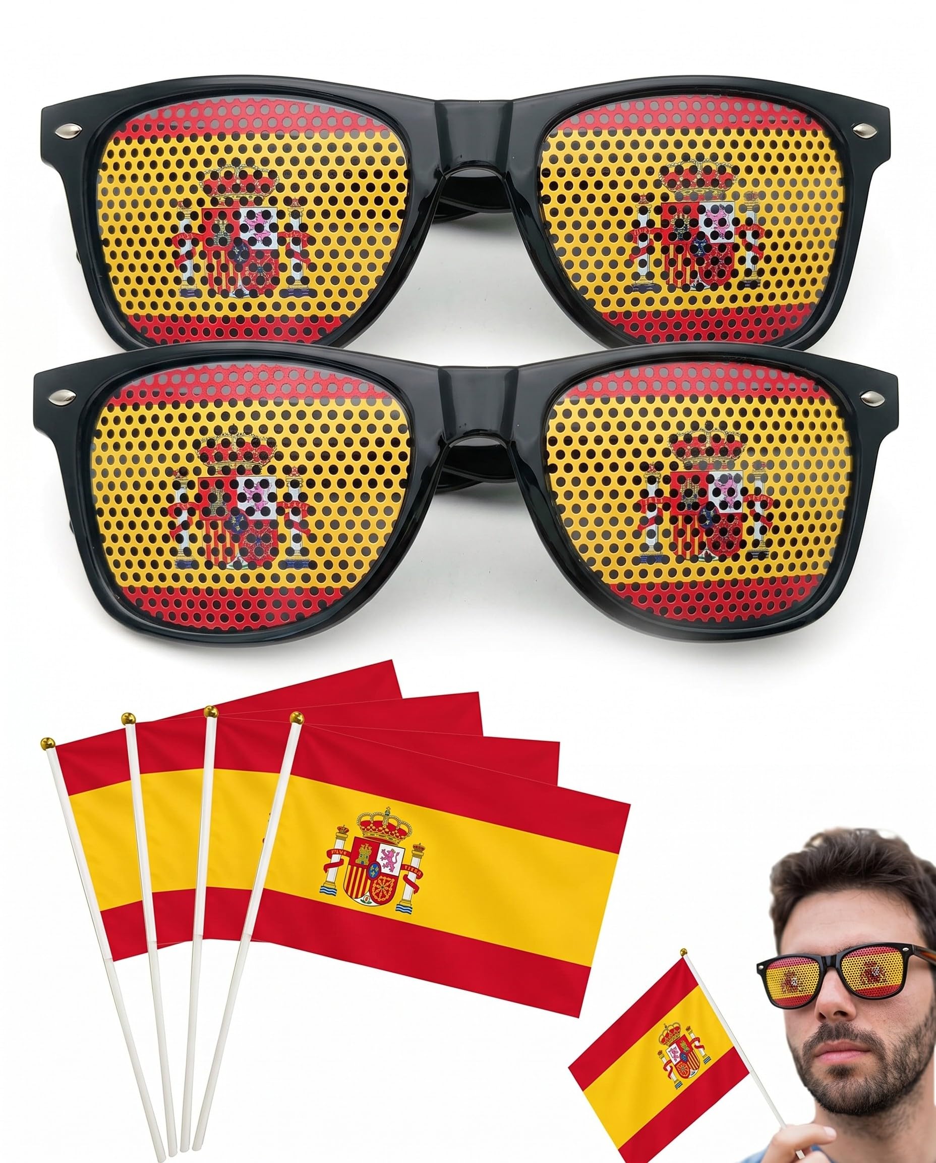 TISCH Set Fan Spagna: 2 Occhiali da Sole, 4 Bandiere 14x21cm per Mondiali, Europei | Outfit Festa & Public Viewing per Tifare la Squadra