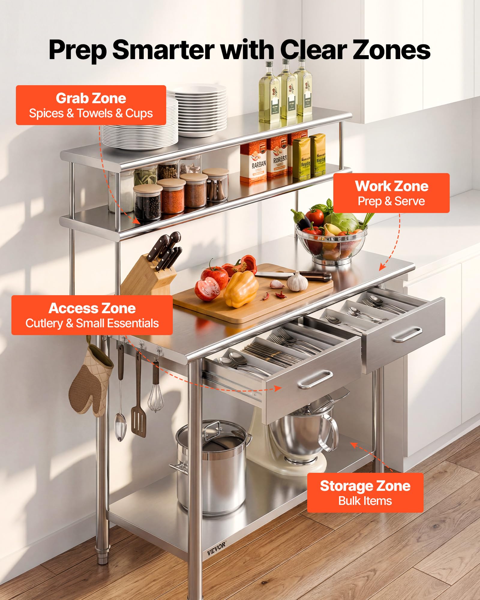 VEVOR Tavolo da Lavoro per Cucina, Tavolo per Preparazione da Cucina 1220 x 610 x 1400 mm in Acciaio Inox con Cassetti Ripiani Portaoggetti, Piano Carico max 245 kg, Ristorante, Hotel, Supermercato