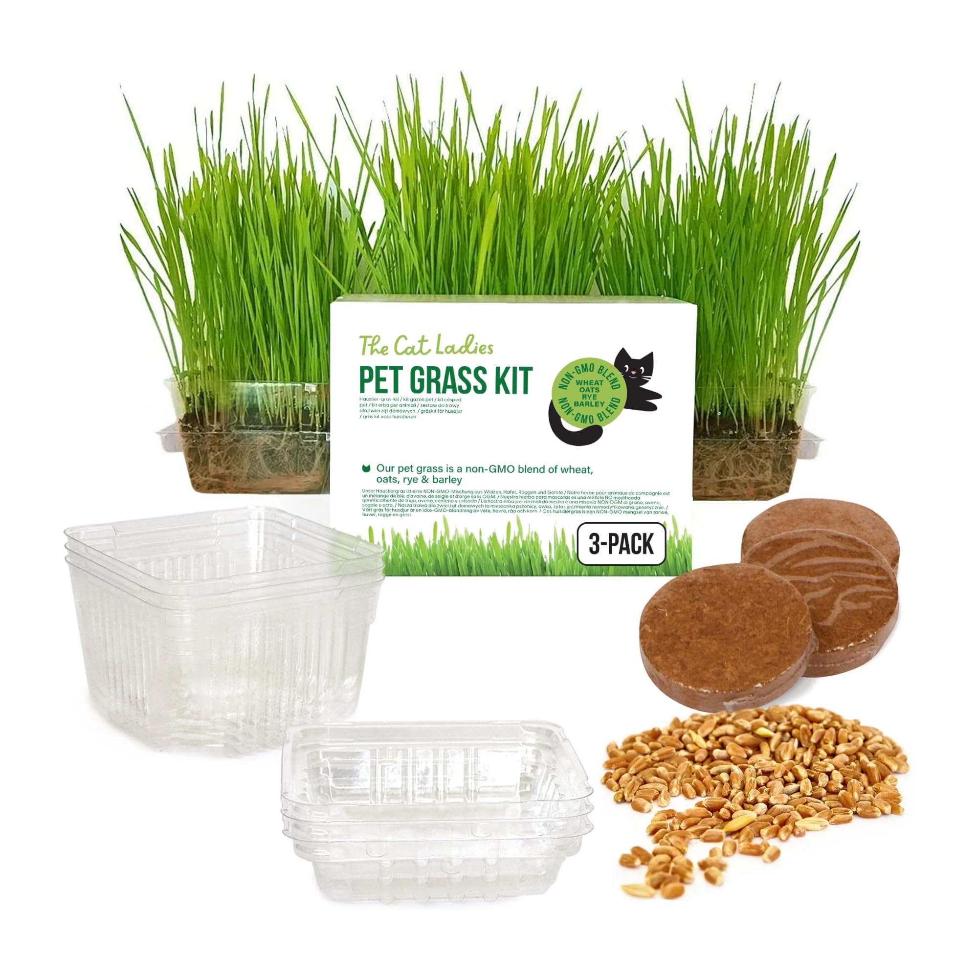 The Cat Ladies Cat Grass for Indoor Cats - Growing Kit - Organic Cat Grass Seeds, Soil and BPA Free Containers (Non GMO) - Locally Sourced Seeds! (3 Pack)