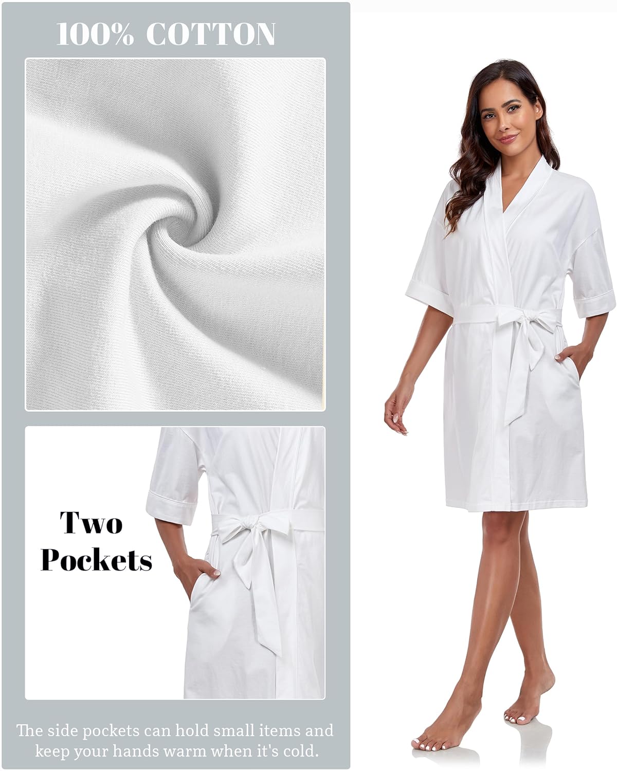 ANLIQI Womens 100% Cotton Robes Lightweight Short Sleeve Bathrobe Knee Length Kimono Bath Robe with Pockets Ladies Sleepwear - Image 4