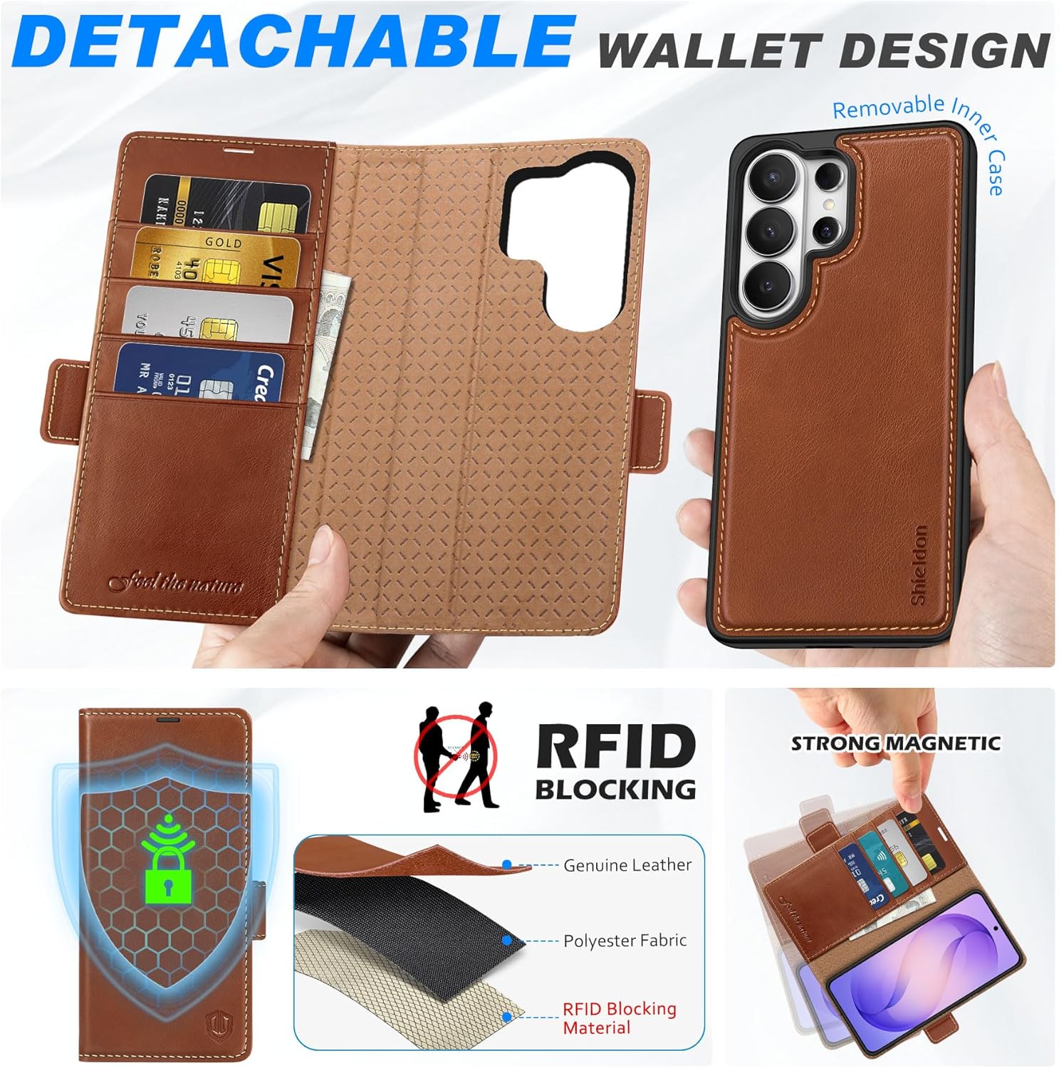 SHIELDON 2-in-1 Case Wallet for Galaxy S26 Ultra 6.9" 2026, Genuine Leather, Detachable, Magnetic, RFID Blocking Credit Card Slot, Kickstand, Shockproof, Not Support Wireless Charging - Retro Brown