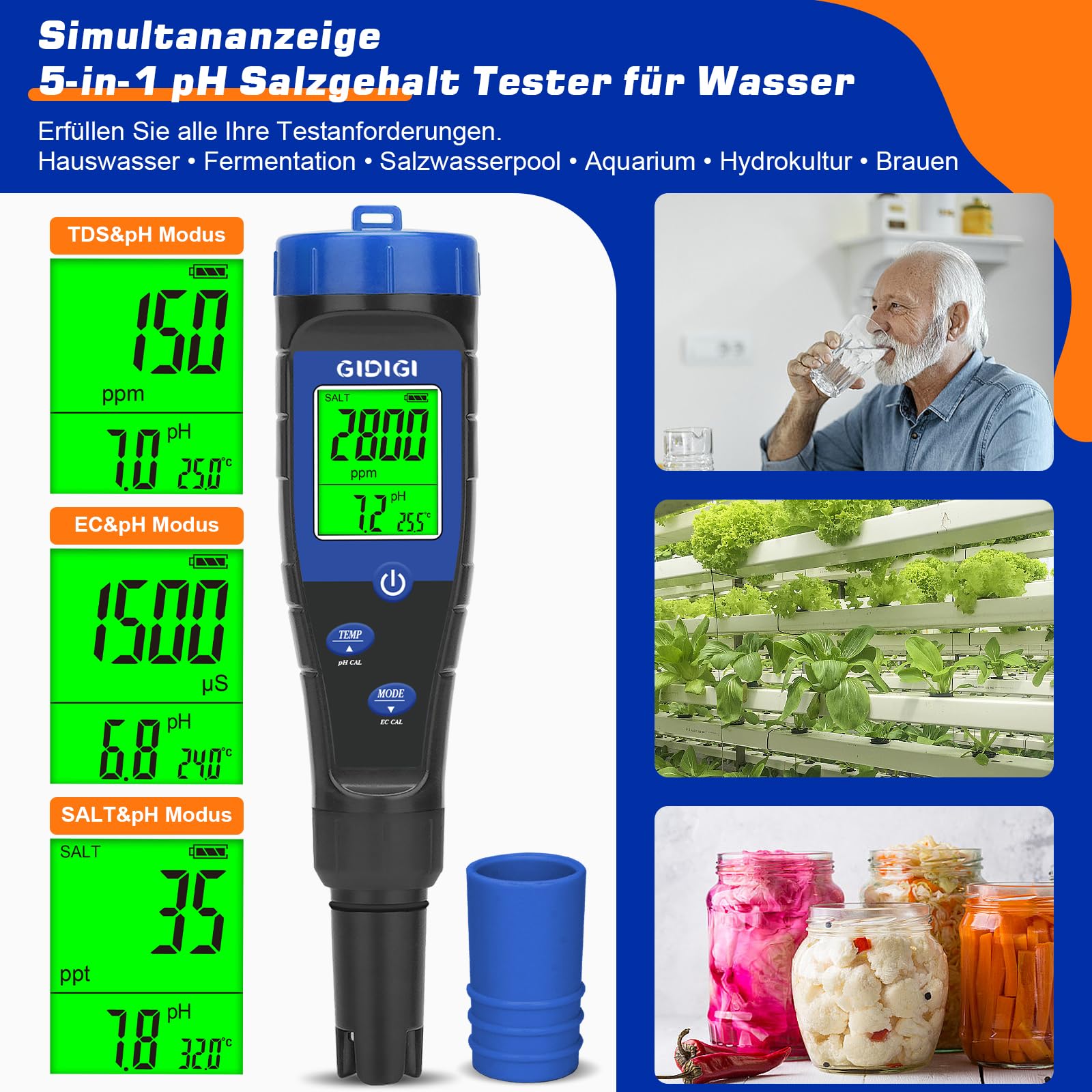 pH Messgerät Salztester für Pool,Digitales 5-in-1 pH TDS EC Salzgehaltmessgerät mit Kalibrierungslösungssatz, pH ppm Meter für Salzwasserpool, Aquarium, Whirlpool, Spa, Hydrokultur, Hausgebräu