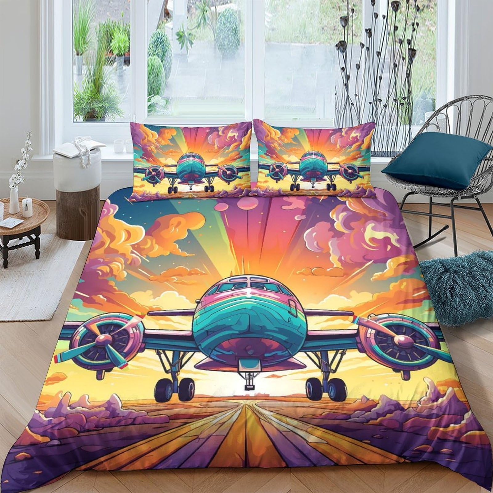 Ctjqhvkz Style-6 3D Printed Sunset Airplane Fitted Sheet Microfiber Soft Breathable Runway Bed Cover For Bedroom Dorm Mattress Protection Decor Single（135X200cm）
