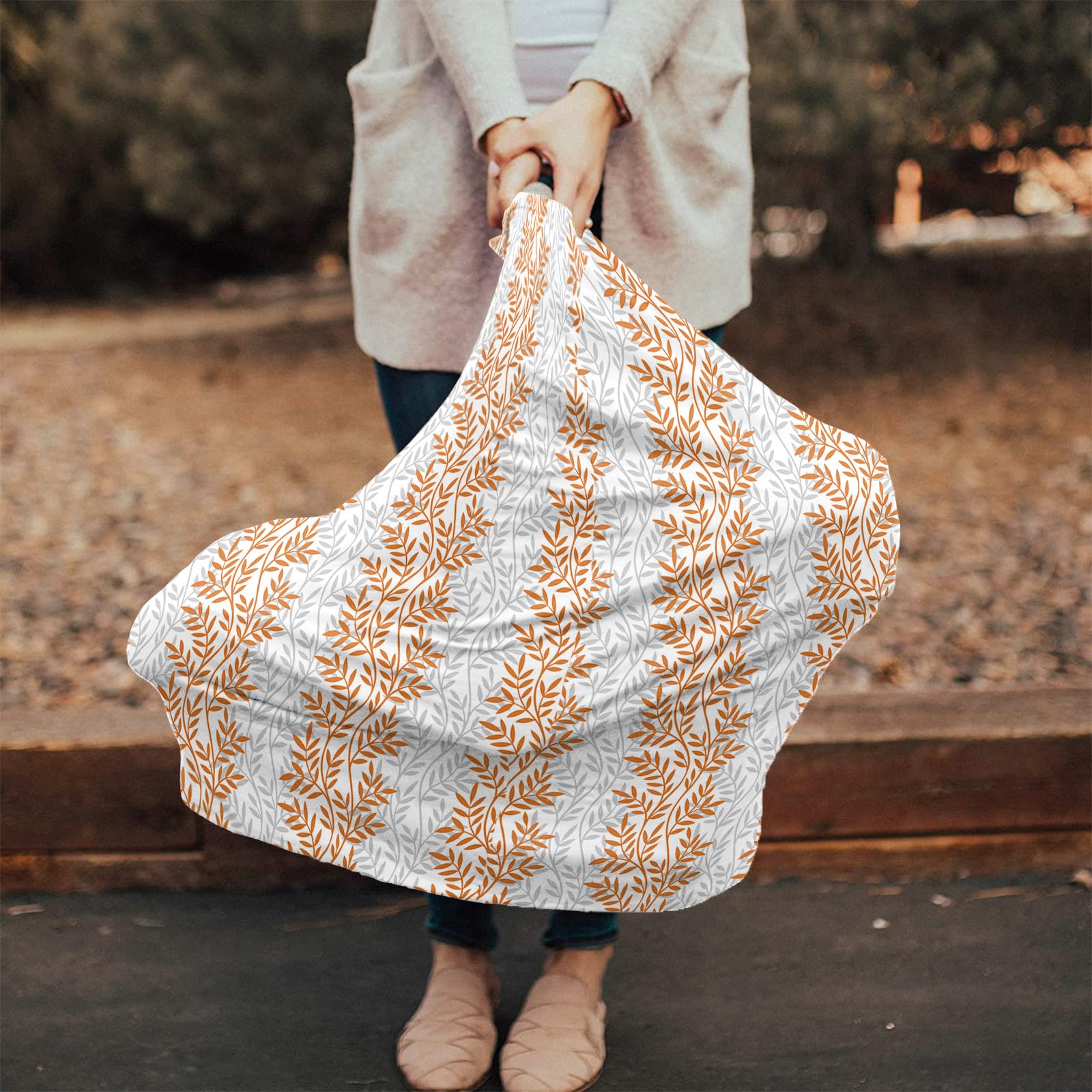 Nursing Cover for Breastfeeding Scarf, Orange and Grey Leaves Fall Baby Car Covers Super Soft Multi Use for Canopy Shopping Cart Cover Blanket Stroller Cover