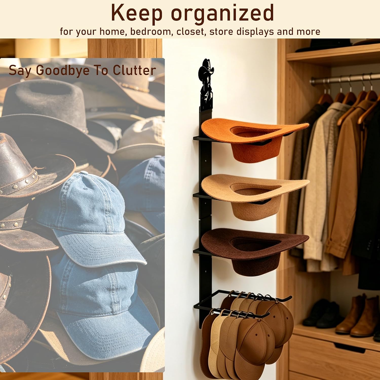 Cowboy Hat Rack Wall Mount - Minimalist Metal Hat Holder for 4 Hats, Western Style Display Stand, Cowboy Silhouette, Rustic Organizer for Fedora & Sun Hat, Western Decor Gift