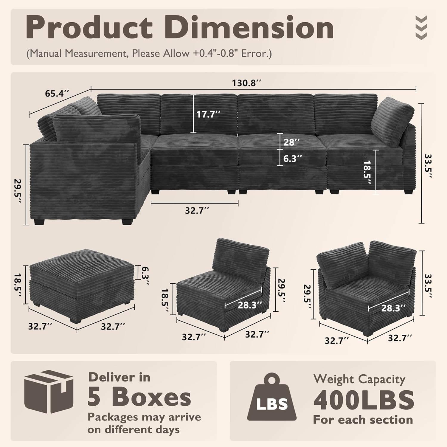 Modular Sectional Sofa Cloud Couch - L Shaped Comfy Oversized Sectional Couches for Living Room,Deep Seat Convertible Sleeper Sofa Bed with Chaise for Apartment Office,Plush Corduroy,Grey 3A+2B Grey