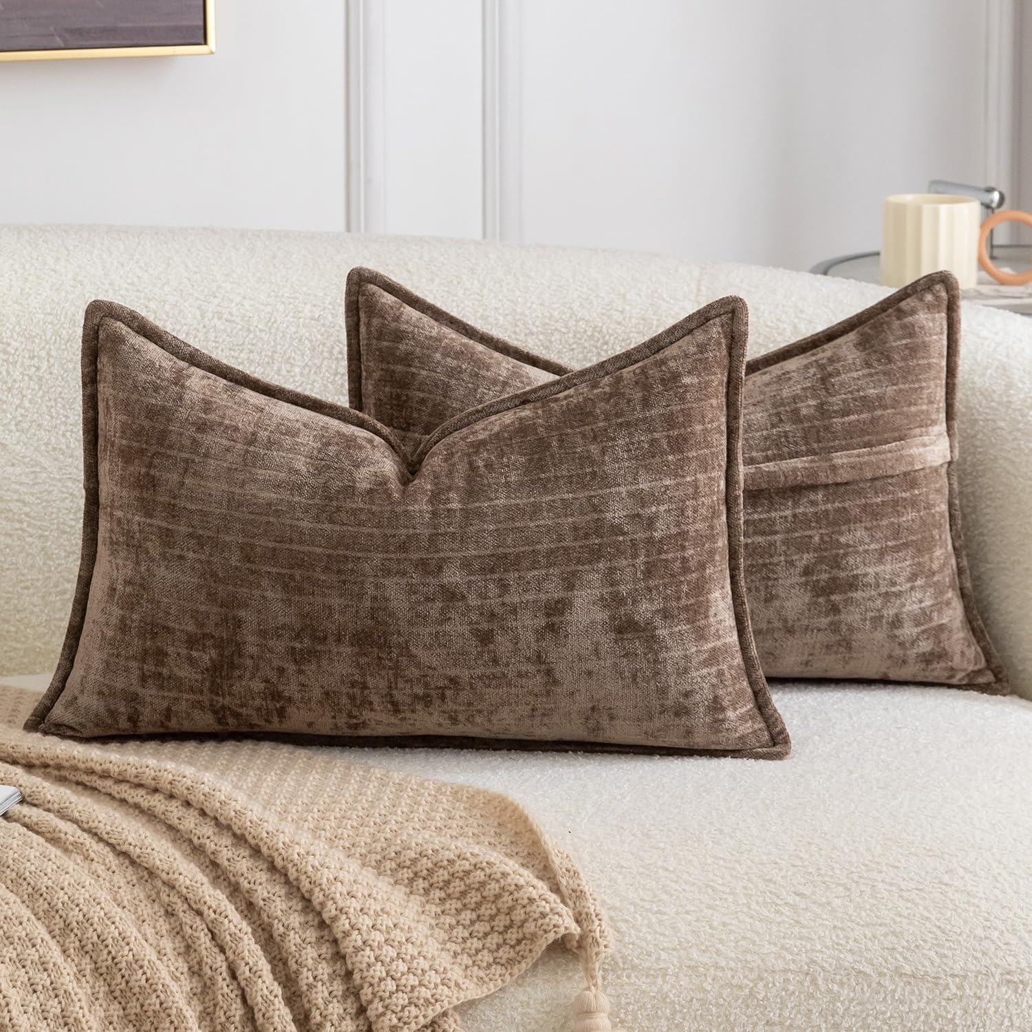 Madizz Pack of 2 Decorative Striped Cushion Covers Vintage Boho Soft Chenille Throw Pillows Luxurious Pillow Cases for Couch Sofa Bedroom Living Room 30x50 CM, Brown