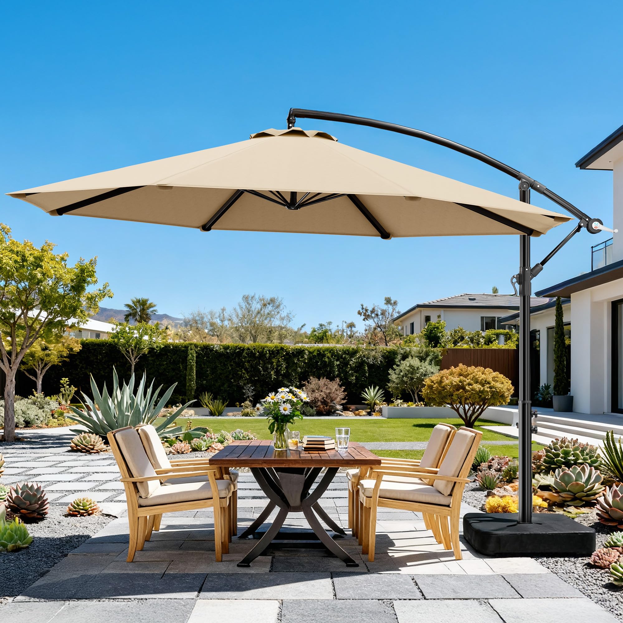 OLILAWN 10ft Patio Umbrella with Base Included, Outdoor Offset Cantilever Umbrella Upgraded Yarn-dyed Fabric Shade, Sturdy 8 Rids, Easy Tilt Adjustment, for Pool Deck Porch Backyard Garden, Champagne Patio, Lawn