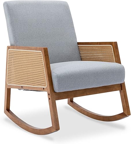 Olela Mecedora para guardería, moderna de mediados de siglo, silla tapizada de ratán de lino, moderna silla de acento individual con reposabrazos de