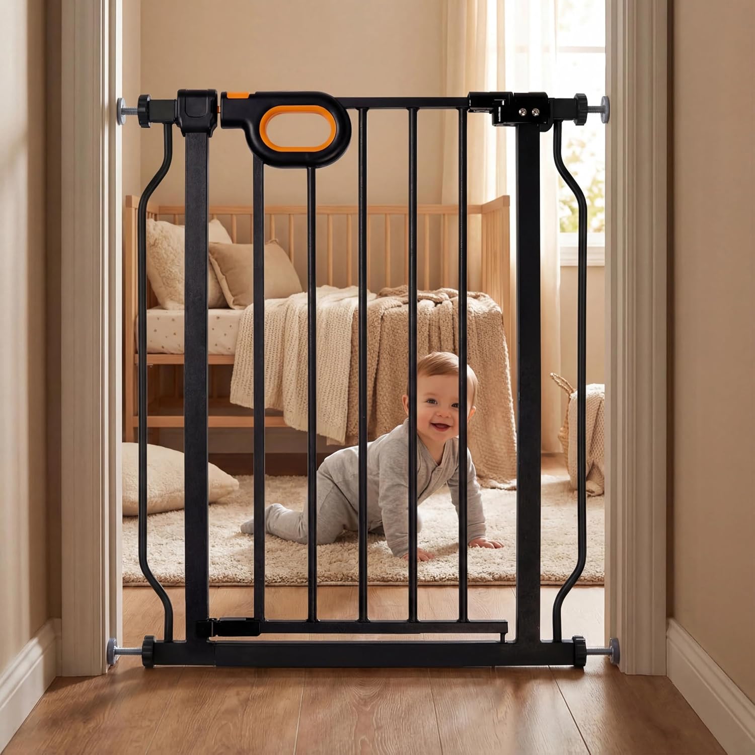 Small Narrow Baby Gate for Stairs 23.8-28.3 Inch Narrow Dog gate Pressure Mounted No Drilling with Walk-Through Door,Black