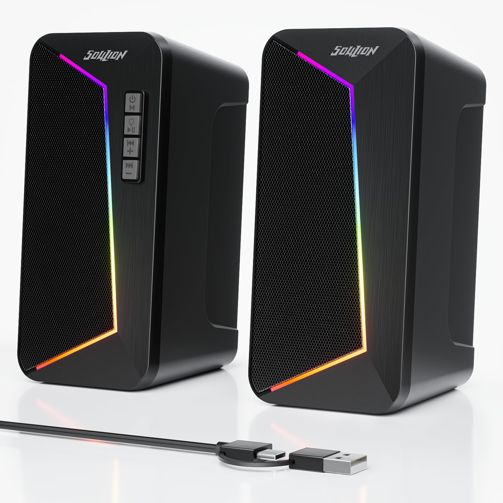 SOULION R40 PC Lautsprecher, USB-C/USB-betriebene Computer Stereo mit Lautstärkeregler, LED-Beleuchtung, PC Boxen mit USB/Bluetooth Modus für Smartphone, Laptop,Desktop und Monitor, 1 Paire, Schwarz