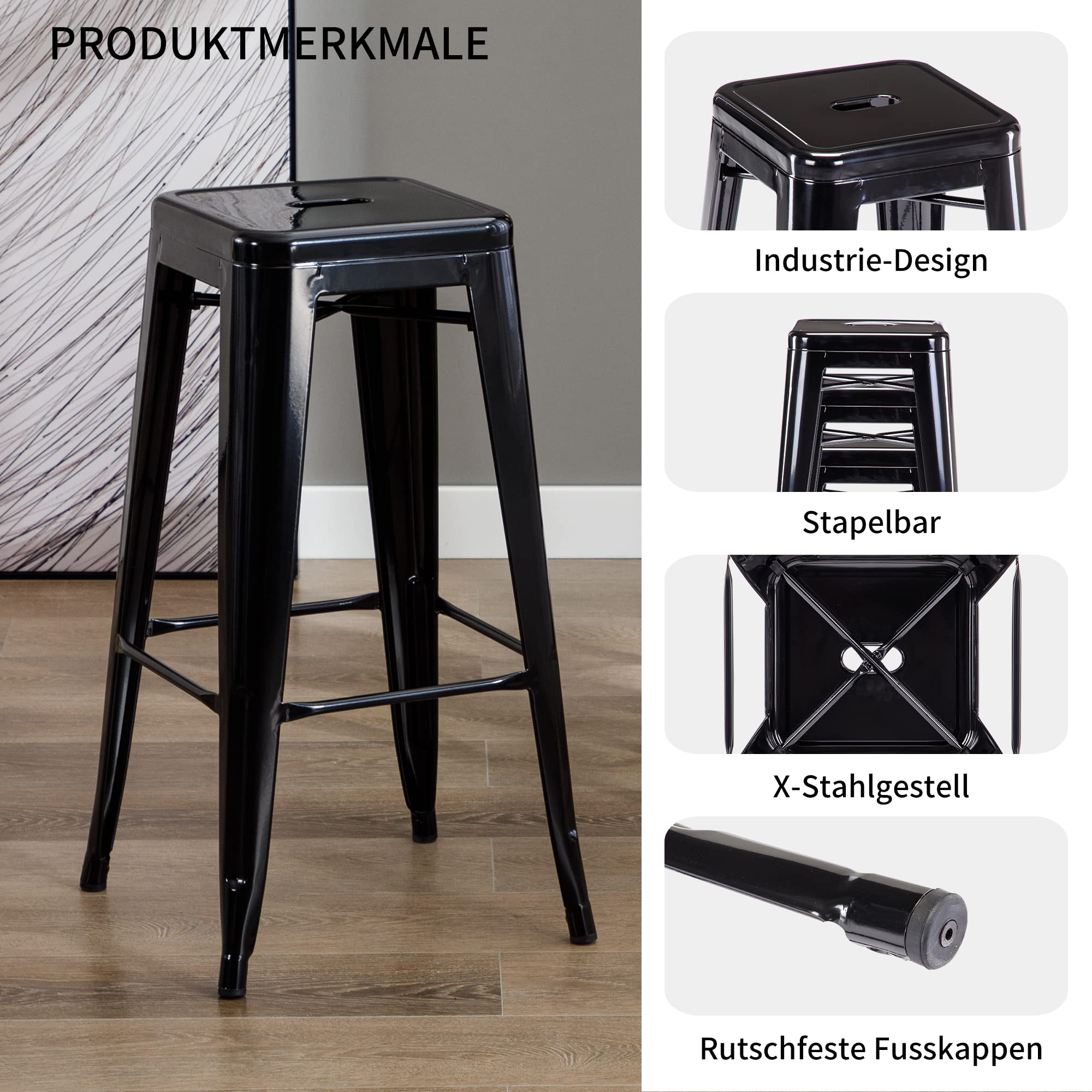 Duhome Sgabello Bar Industriale Esterno, Set di Sgabelli Bar Alto in Metallo, Impilabile Sgabelli da Pranzo, Scandinavian Sgabello Alta per Cucina, Pranzo, Pub, Moderni (Nero, 76cm-4PCS)