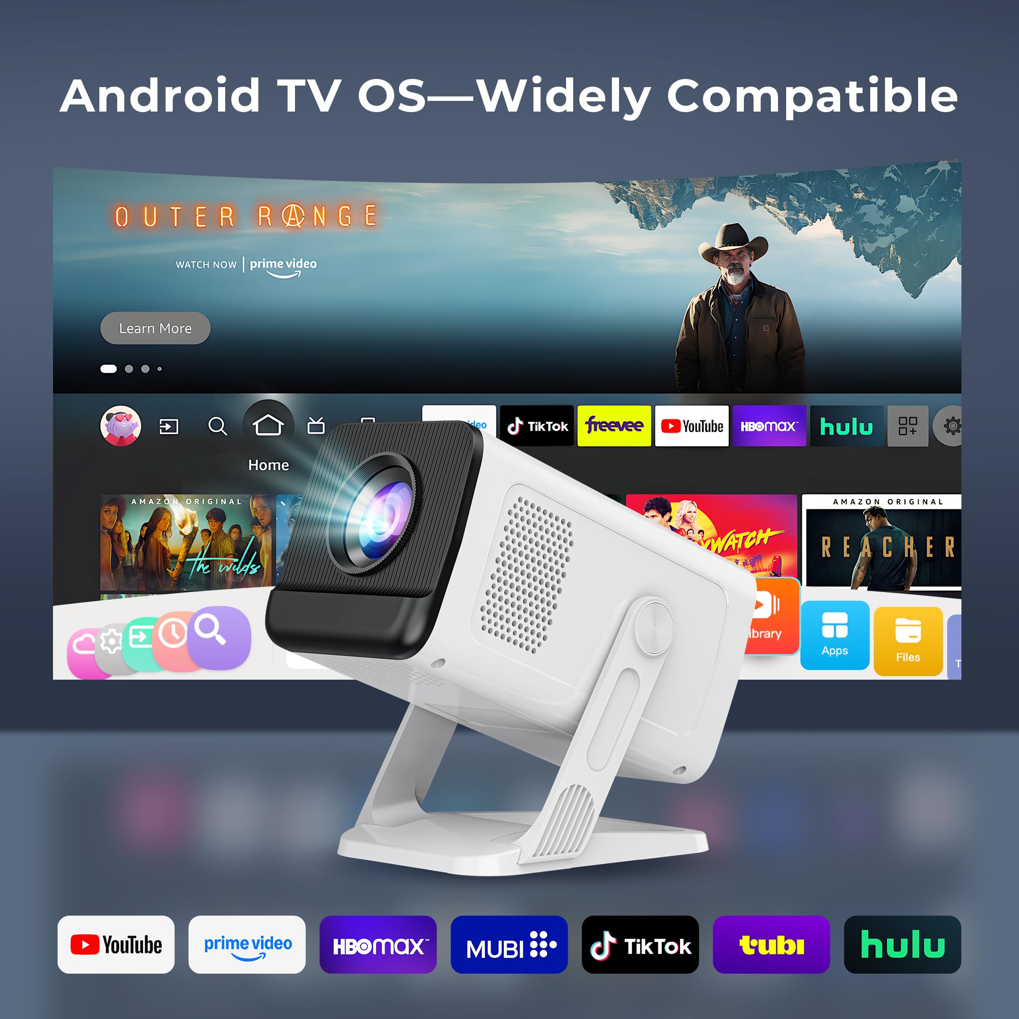 Mini Portable Vidéoprojecteur Compatible 4K, Video Projecteur Contrôle App | Android 14 Smart Rétroprojecteur, Auto Keystone Courte Focale Projecteur WiFi6&Bluetooth5.4 Compatibile avec HDMI/USB, Blanc