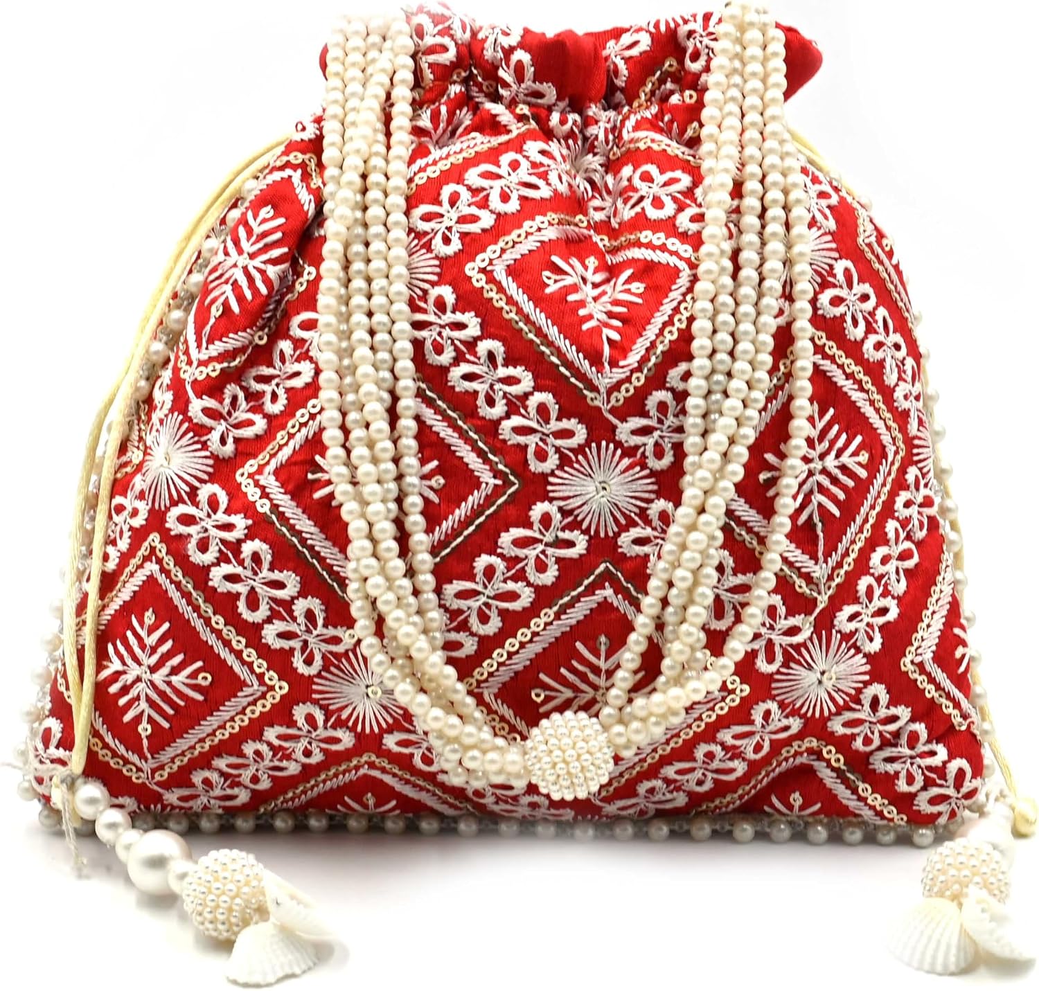 Assorted Chikankari Pattern Silk Potli with Moti Handle Royal Batwa Bag Bridal Purse Women clutch handbag