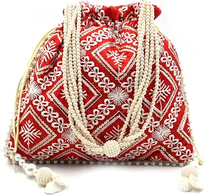 Assorted Chikankari Pattern Silk Potli with Moti Handle Royal Batwa Bag Bridal Purse Women clutch handbag