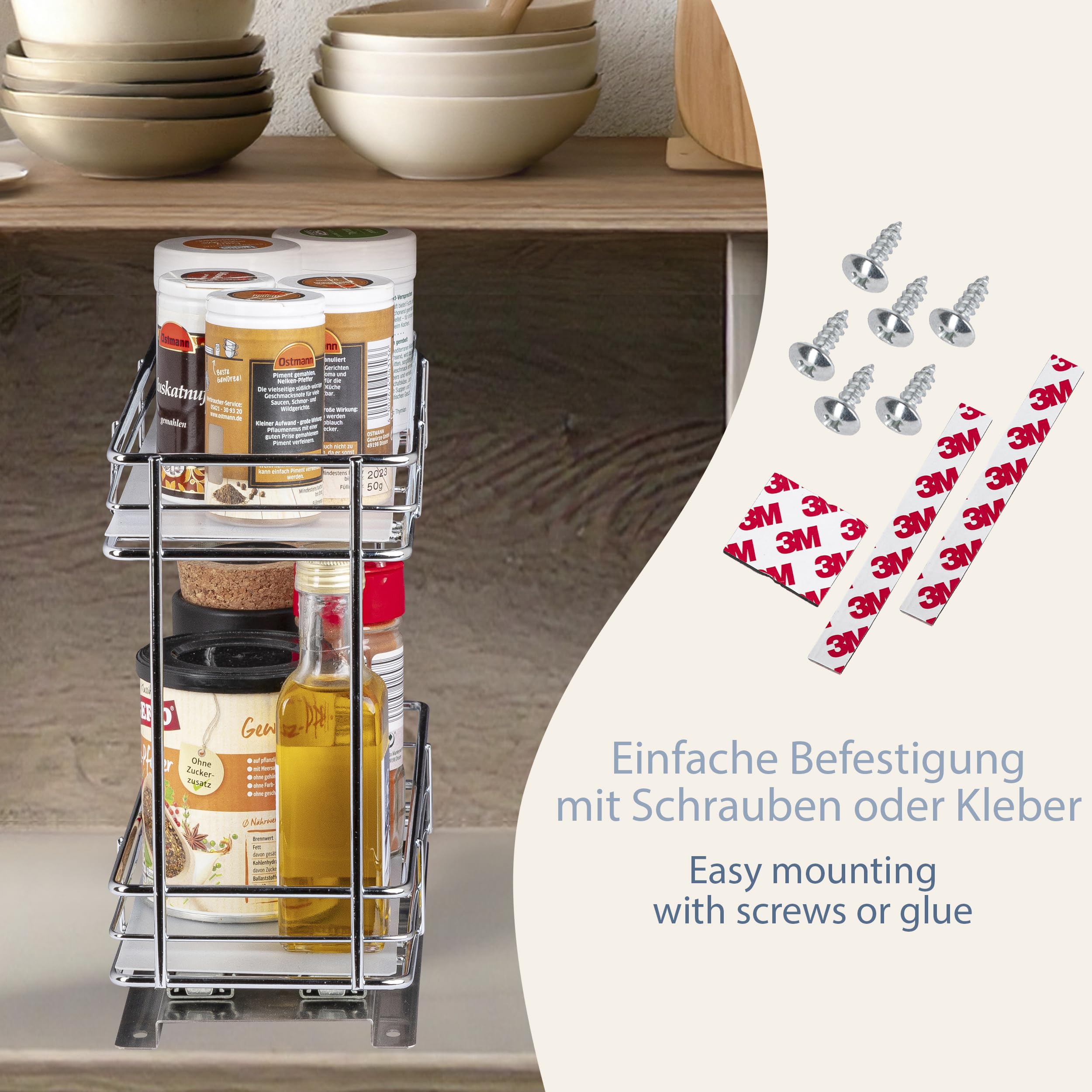 ONVAYA® Gewürzregal ausziehbar | Doppelkorb | Gewürzständer aus Edelstahl | Schrankeinsatz für die Küche | Regal Organizer | Teleskop-Gewürzregal für Schränke | 2 Stück