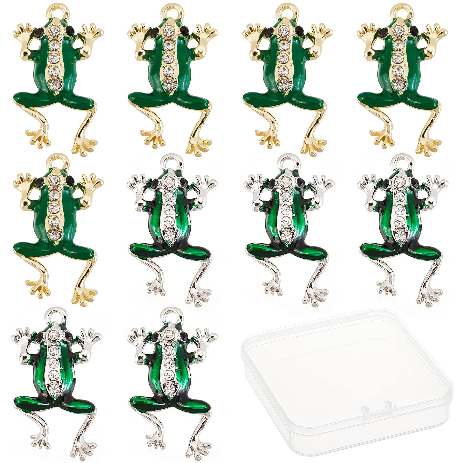 SUNNYCLUE 20 Pcs Frog Charms Rhinestone Green Enamel Frog Charm Animal Lucky Micro Pave Golden Silver Frogs Charm Bulk for Jewelry Making Charm