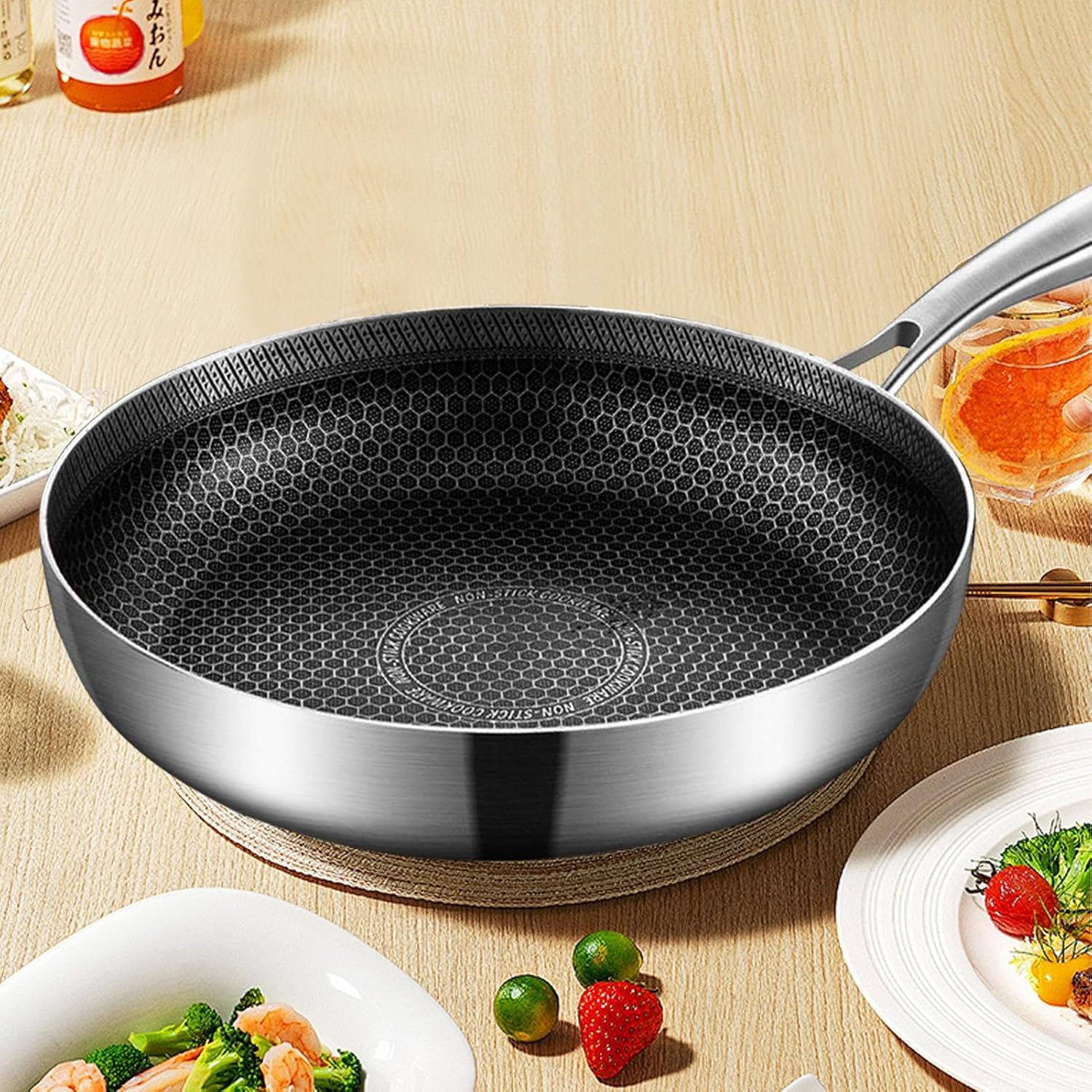 Nonstick Saute Pan - Stainless Steel Nonstick, Scratch-Resistant Honeycomb, Tempered Glass Lid, Cooks Eggs Pancakes Soups, Versatile - Saute Skillet, Metal Utensil Safe | For Home Kitchen