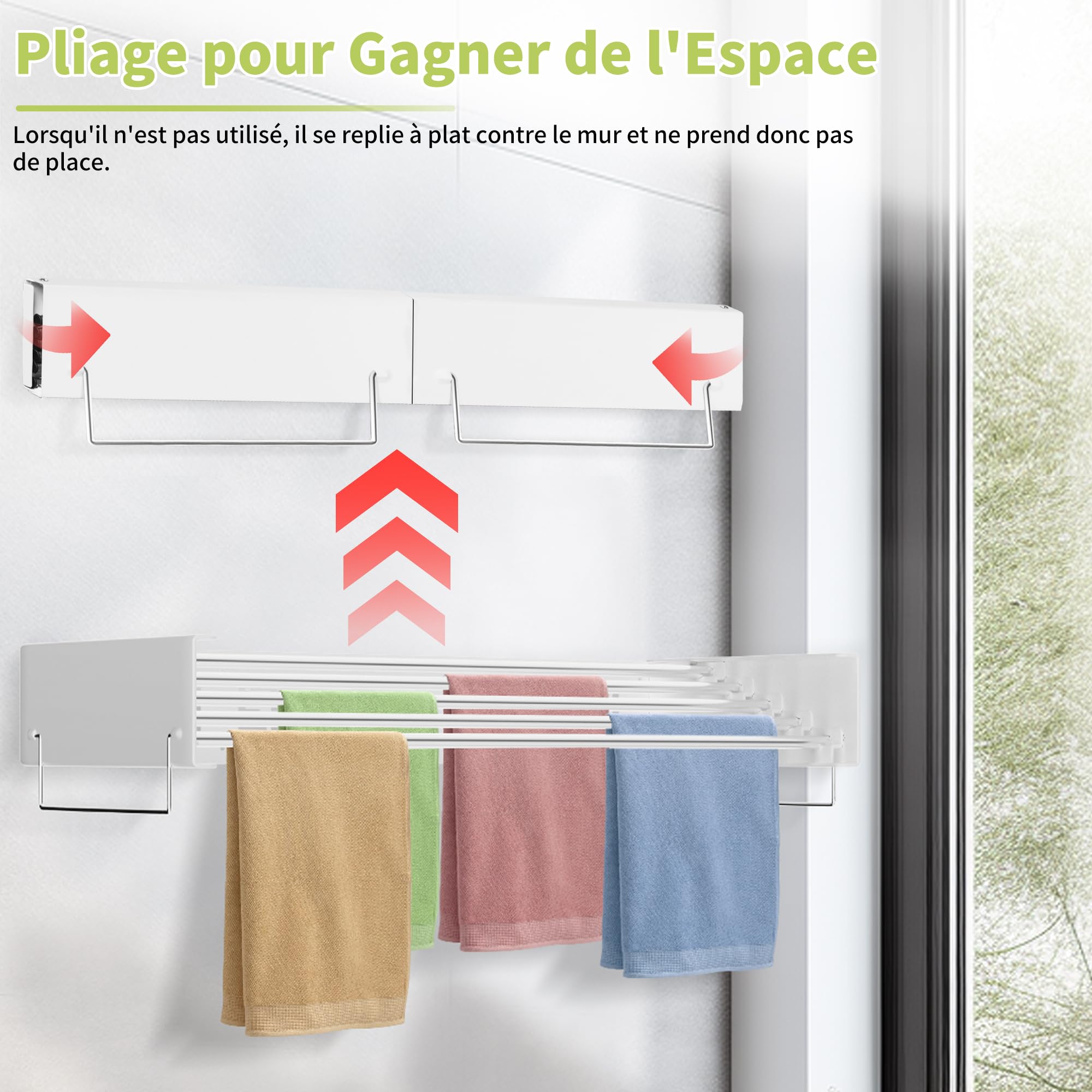 Stendibiancheria da parete con 5 barre, stendibiancheria pieghevole per interni ed esterni, 4 metri di lunghezza di essiccazione, risparmio di spazio, bianco (80 cm)