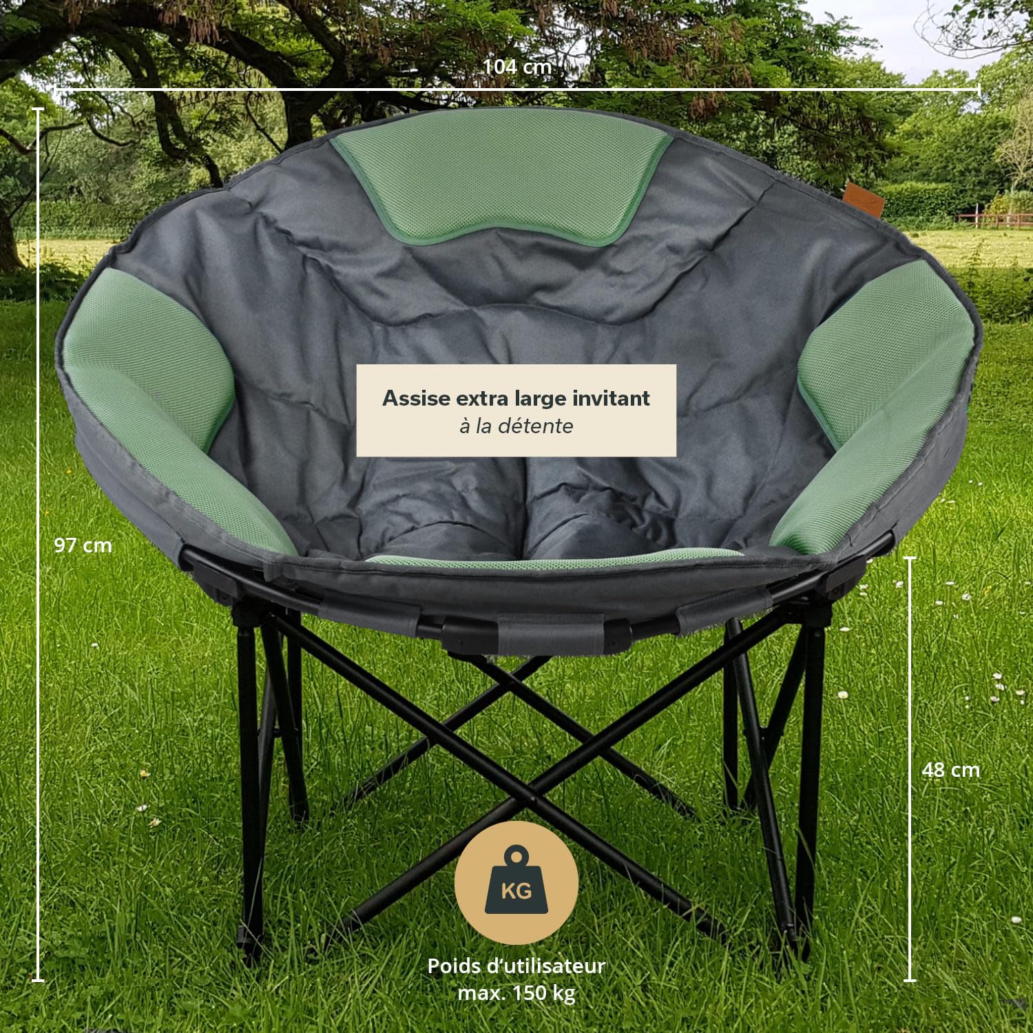 Skandika Fauteuil de Camping Moonchair XXL | Grande Chaise de Camping Confortable, Rond, rembourré, Pliable, poignée et Sac de Transport, Pieds antidérapants, Robuste | Max. 150 kg