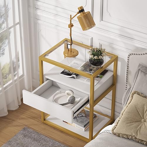 Miniatura 4 de Tribesigns Mesita de noche alta, mesa auxiliar moderna de estilo simple con cajón y estante, mesa de noche de vidrio templado, marco de metal, 19.6