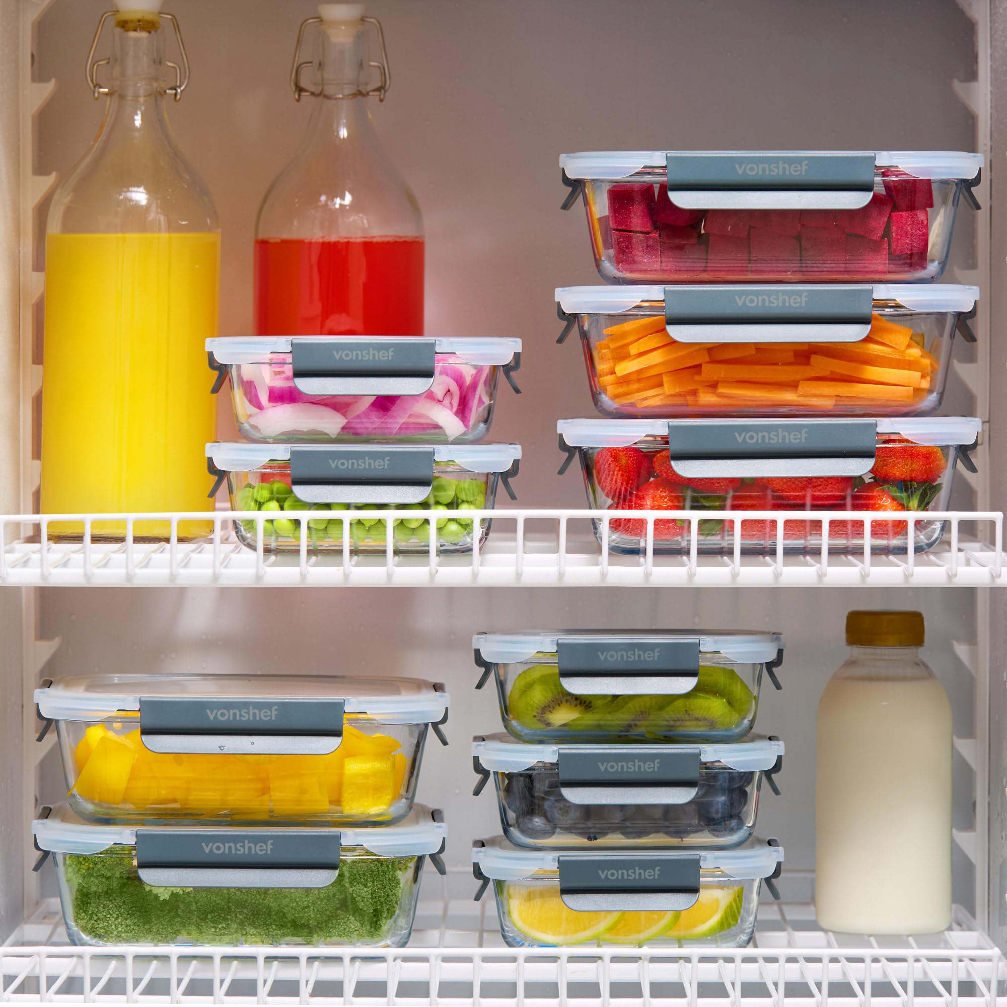 VonShef Boîtes Alimentaires en Verre- Lot de 10 Boîtes Repas 1 L et 370 ml, Hermétiques et Sans BPA, Idéales pour Meal Prep, Empilables, Compatibles Micro-ondes, Four, Congélateur et Lave-vaisselle
