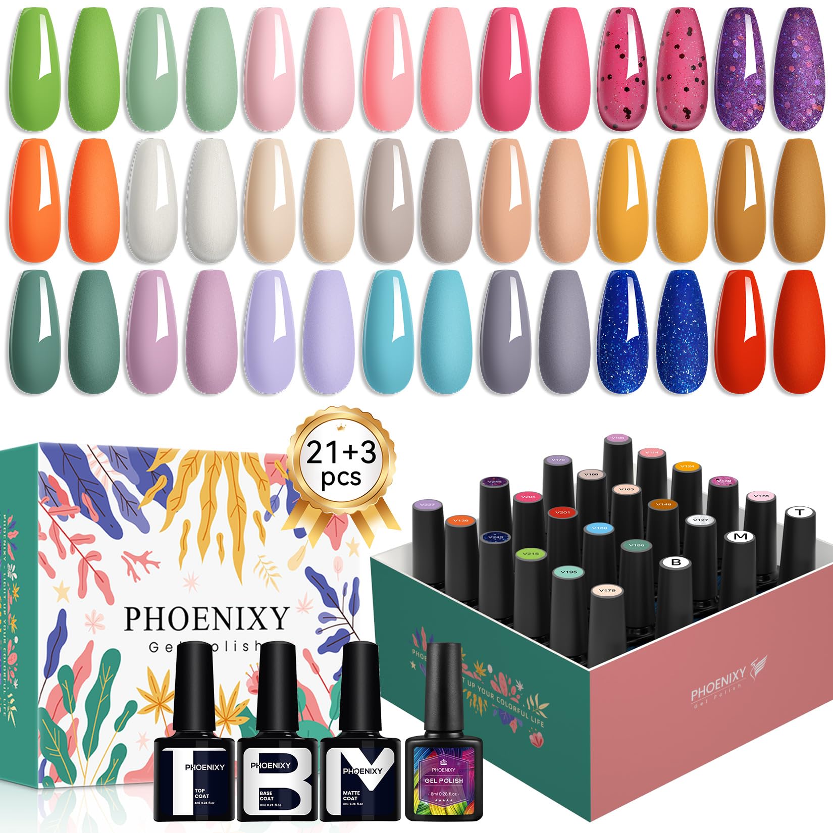 Phoenixy Esmaltes Semipermanentes para Uñas, 24 Colores Iris Pintauñas Semipermanentes con Base Brillante Mate Top Coat U V Esmalte Semipermanente Kit de Regalos para Mujer