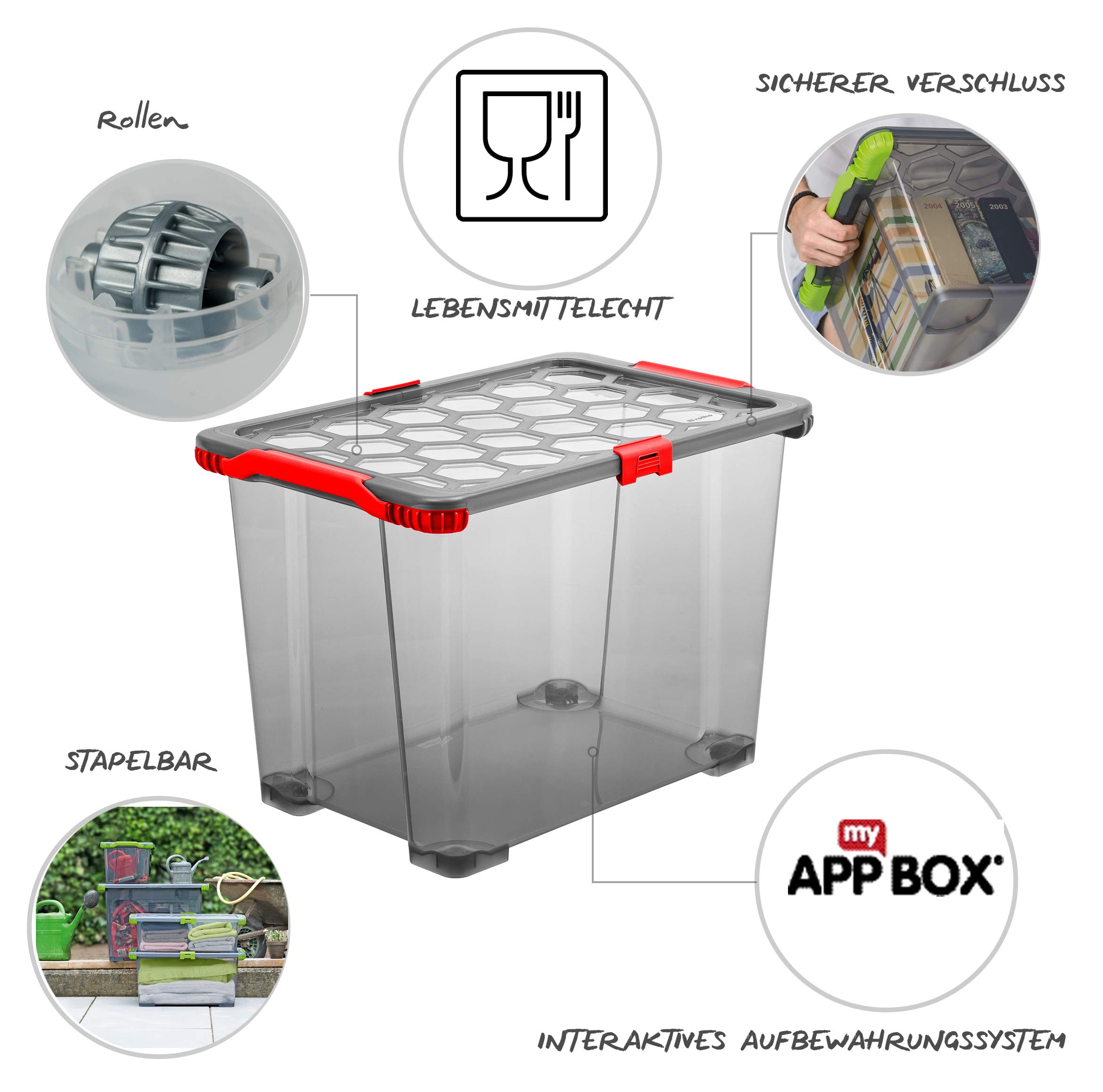 Rotho Evo Total Protection Scatola da 65l con coperchio e ruote, Plastica PP senza BPA, Grigio(Antracite)/Rosso, 65l 59.0 x 39.5 x 41.2 cm