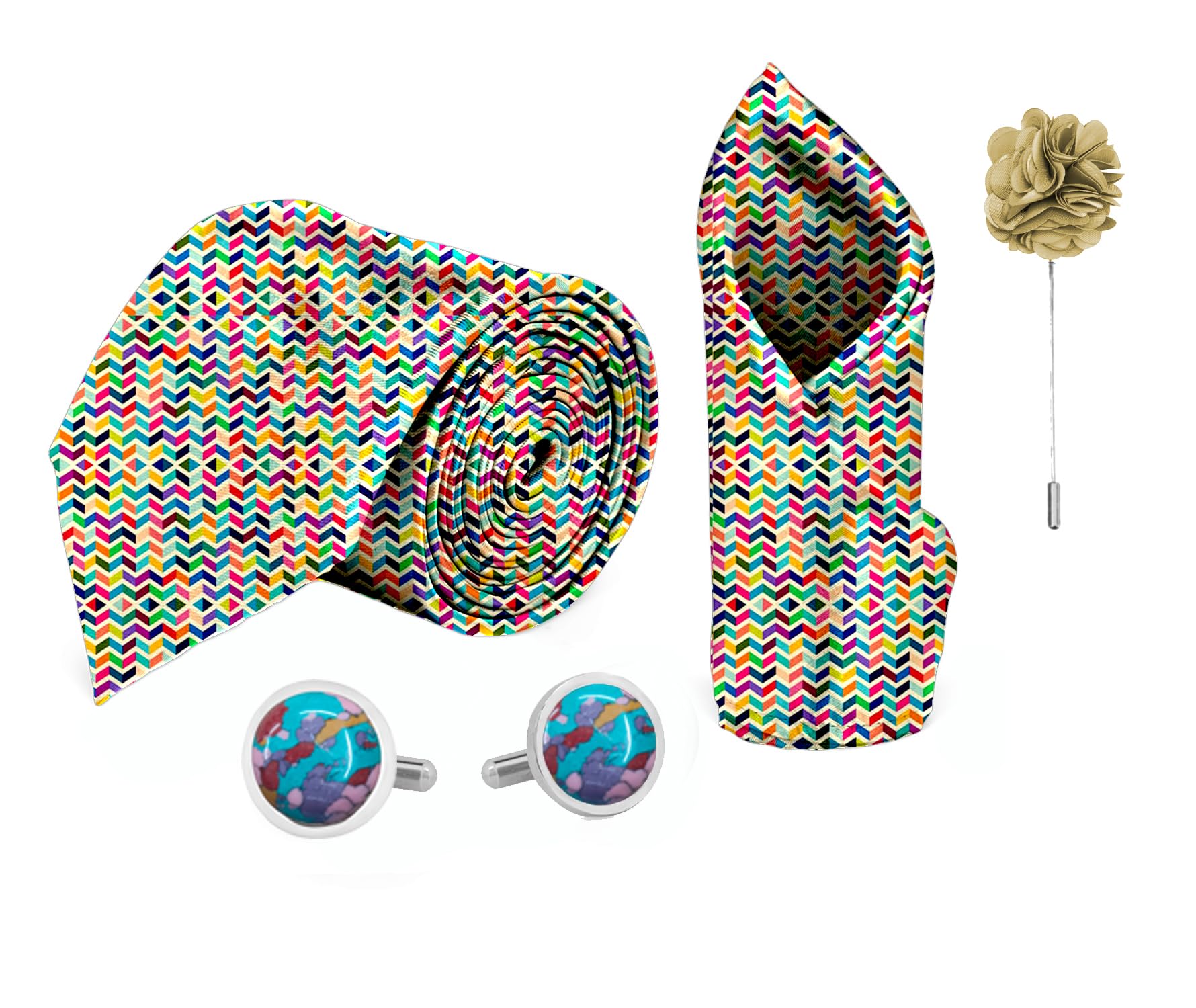 blacksmith Abstract Multi Printed Tie and Pocket Square Set for Men with Natural Stone Cufflink and Matching Flower Lapel Pin-picture-40