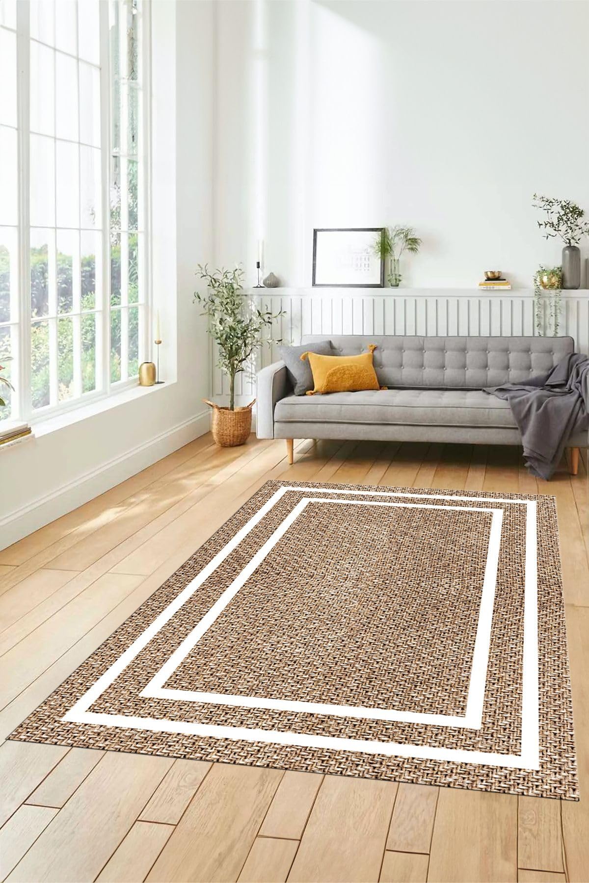 Evdeya Jüt-Hasır Desenli Dijital Baskı Kaymaz Taban Yıkanabilir Yolluk Koridor Salon Halısı JÜT-12, Kahverengi, 100 x 250