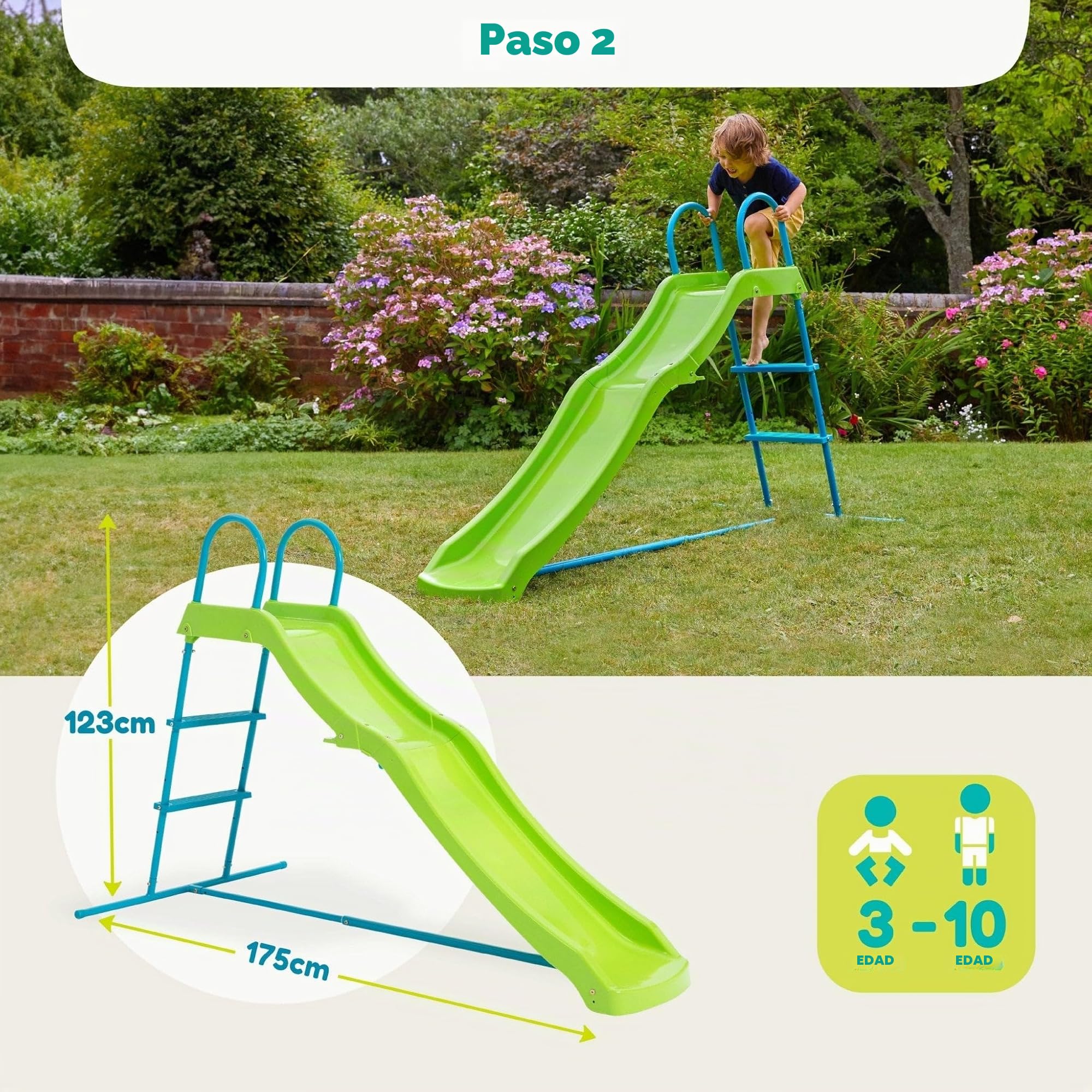 TP Toys Tobogán cultivable de pequeño a alto – Tobogán expandible de 4 pies a 6 pies para niños de 18 meses a 10 años, diseño de plástico duradero y metal, fácil montaje para jugar en el jardín al