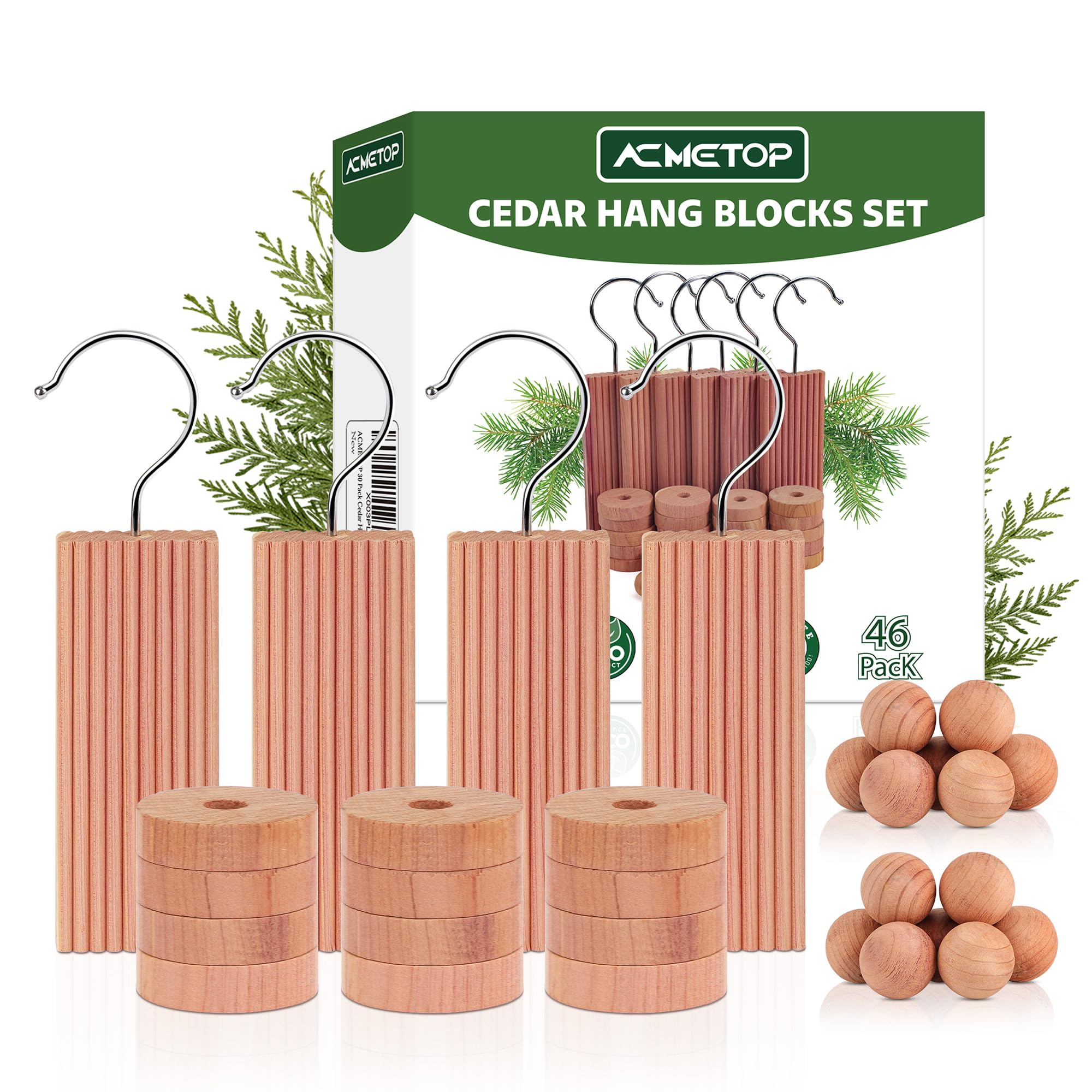 ACMETOP46 Pack Cedar Hang Ups, 6 Rectangular Cedar Blocks + 6Hooks + 20 Round Cedar Blocks+20 Spherical Cedar Blocks for Clothes Storage, Aromatic Cedar Balls Hangers, Storage Accessories