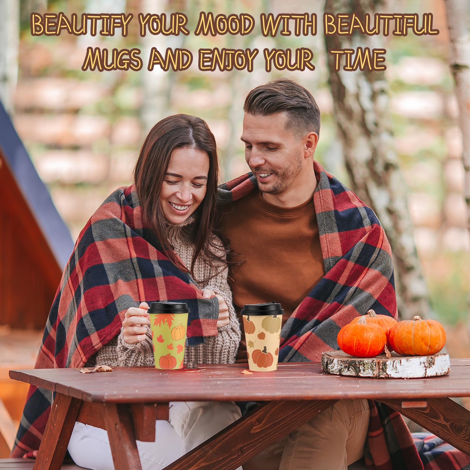 Zopeal 100 tazze da caffè usa e getta con coperchio, 350 ml, in carta, 4 motivi autunnali, graziose tazze per tè caldo, bevande, acqua, succo, cena, cena, matrimoni, eventi, decorazioni per feste del