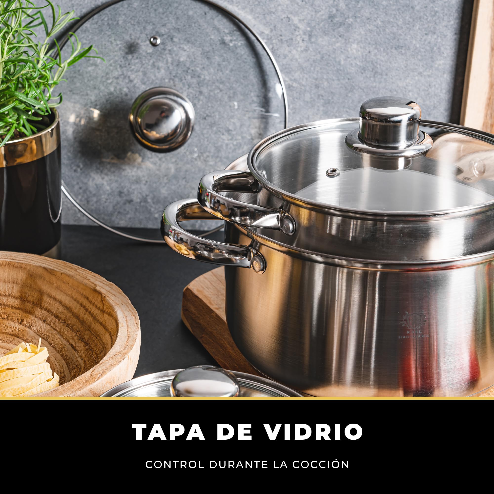 KARL HAUSMANN Juego de Ollas Acero Inoxidable - 4 Partes - Bateria de Cocina de Acero Inoxidable con Tapas de Vidrio - Apta para induccion, Gas y Vitrocerámica - Set Ollas