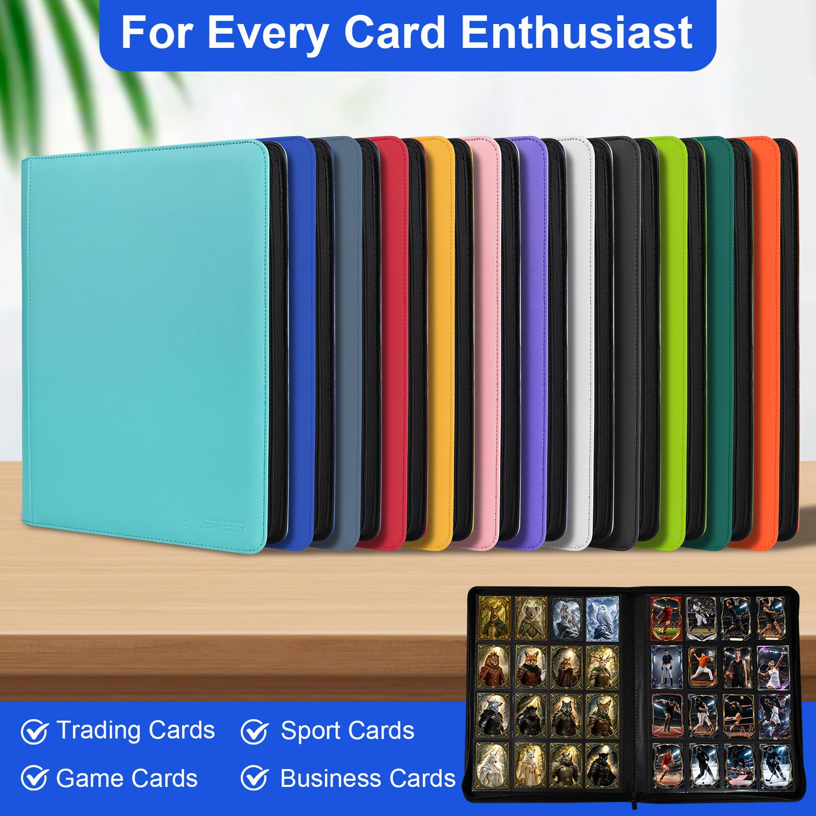 BYSTER Carpeta de tarjetas de poliuretano de alta calidad con 16 bolsillos con cremallera, color azul | Carpeta de carga lateral de 640 unidades para TCG, MTG, tarjetas deportivas, tarjetas de juego