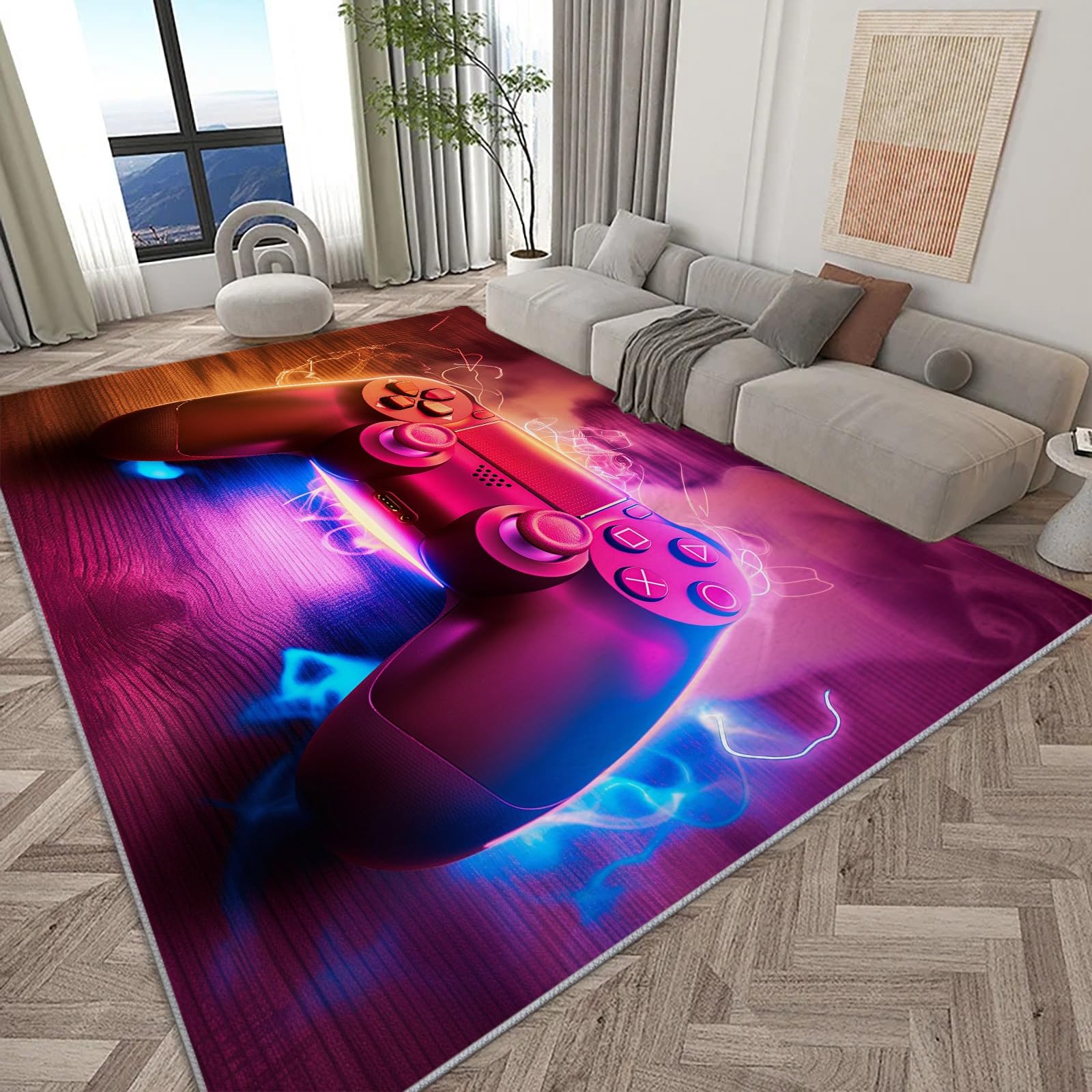 Area Rug 140x200 cm Non-Shedding Carpet, Colorful Game Controller Print Carpet, Neon Machine Washable Rugs for Living Room Non Slip Floor Carpet Rugs for Bedroom Dining Room