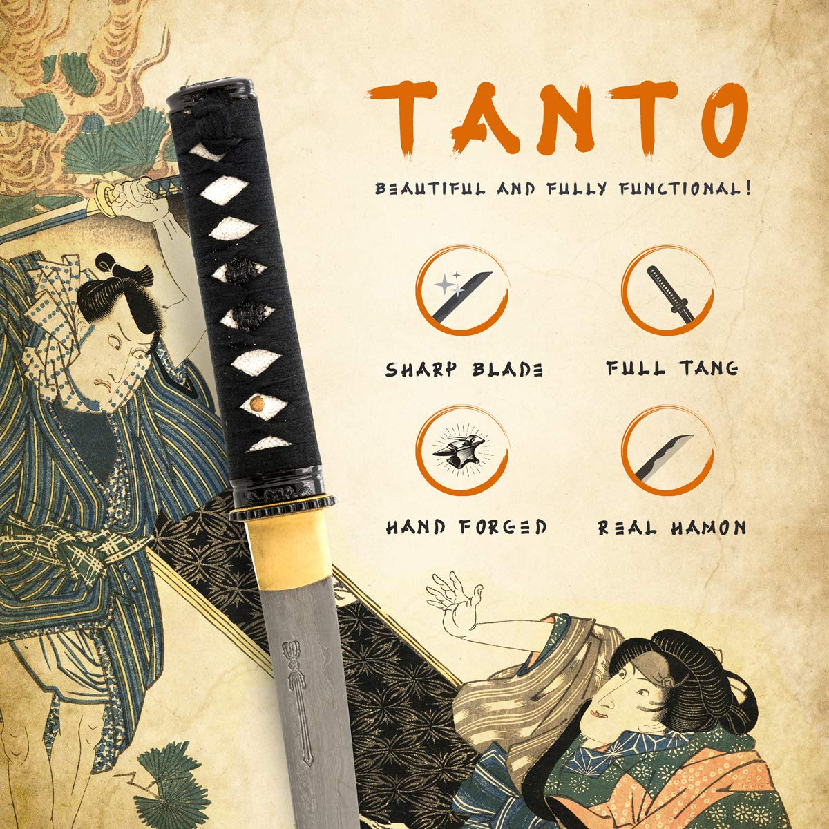 Handmade Sword - Japanese Samurai Tanto Sword, Functional, Hand Forged, 1045 Carbon Steel, 10 Times Folded, Heated Tempered, Full Tang, Sharp, Black Wooden Scabbard