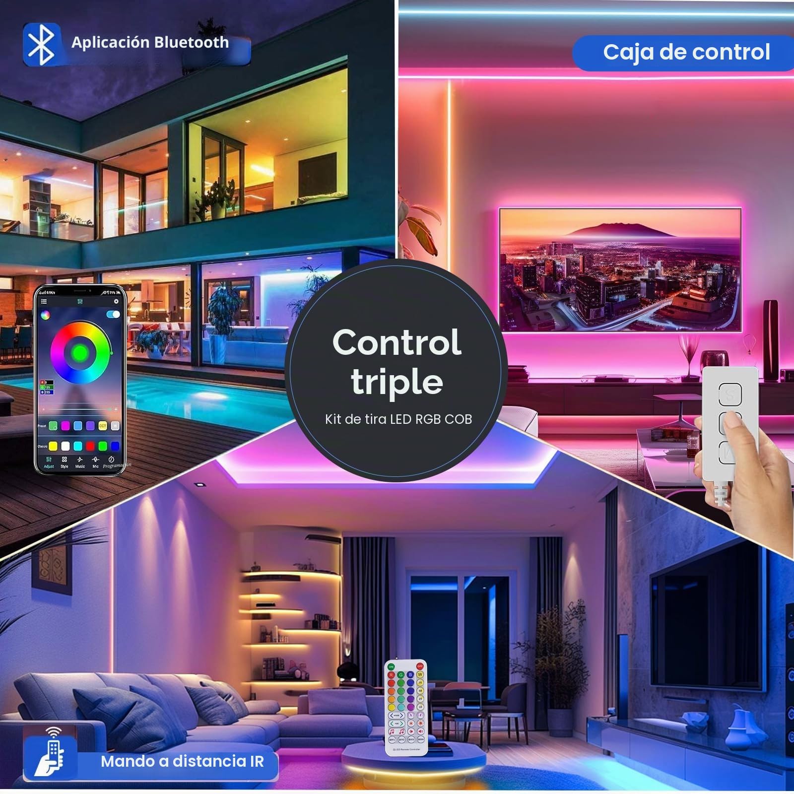 RGB Tira Led, Luces LED Habitacion COB 5m,24V 840LED/m Tiras LED de Interior Sincronización de Música,CRI 90+ Fancy Luces LED TV Kit Luz led Adhesiva Para Coche Cocina Fiesta Hogar Bar