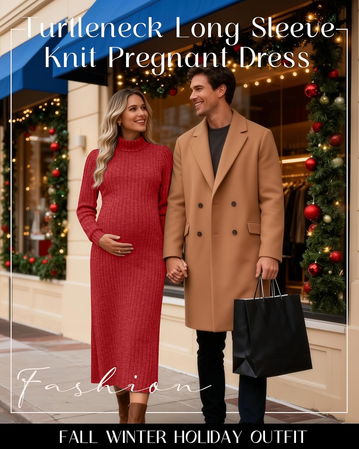 Women's Maternity Sweater Dress, Turtleneck Long Sleeve Knit Pregnant Puff Sleeve Dress Fall Winter Holiday Outfit - Image 2