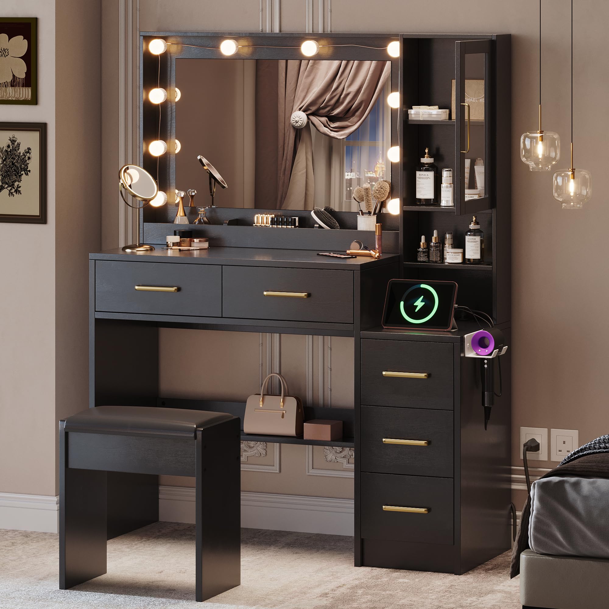 35.4” Black Makeup Vanity Desk with Charging Station, White Makeup Dressing Table with Mirror &amp; Lights, 3 Lighting Modes Adjustable Brightness, Vanity Table with Power Outlet &amp; 5 Drawers