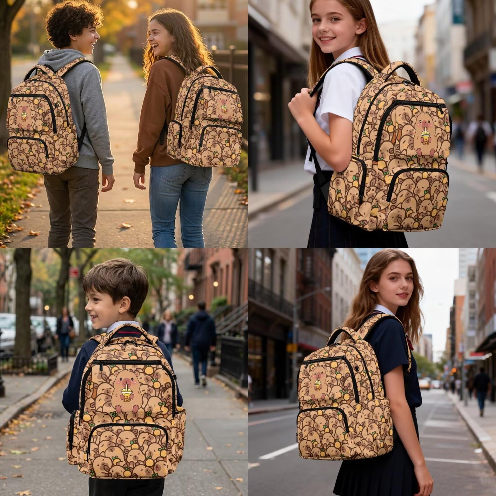 Howilath Mochila De Niña - Set zaino e portapranzo per bambine dai 6 agli 8 anni, 8-10 anni, 10-12 anni, 4 pezzi, con astuccio, custodia per bottiglia d'acqua, Capybara Bere Bubble Tea, L, Classico